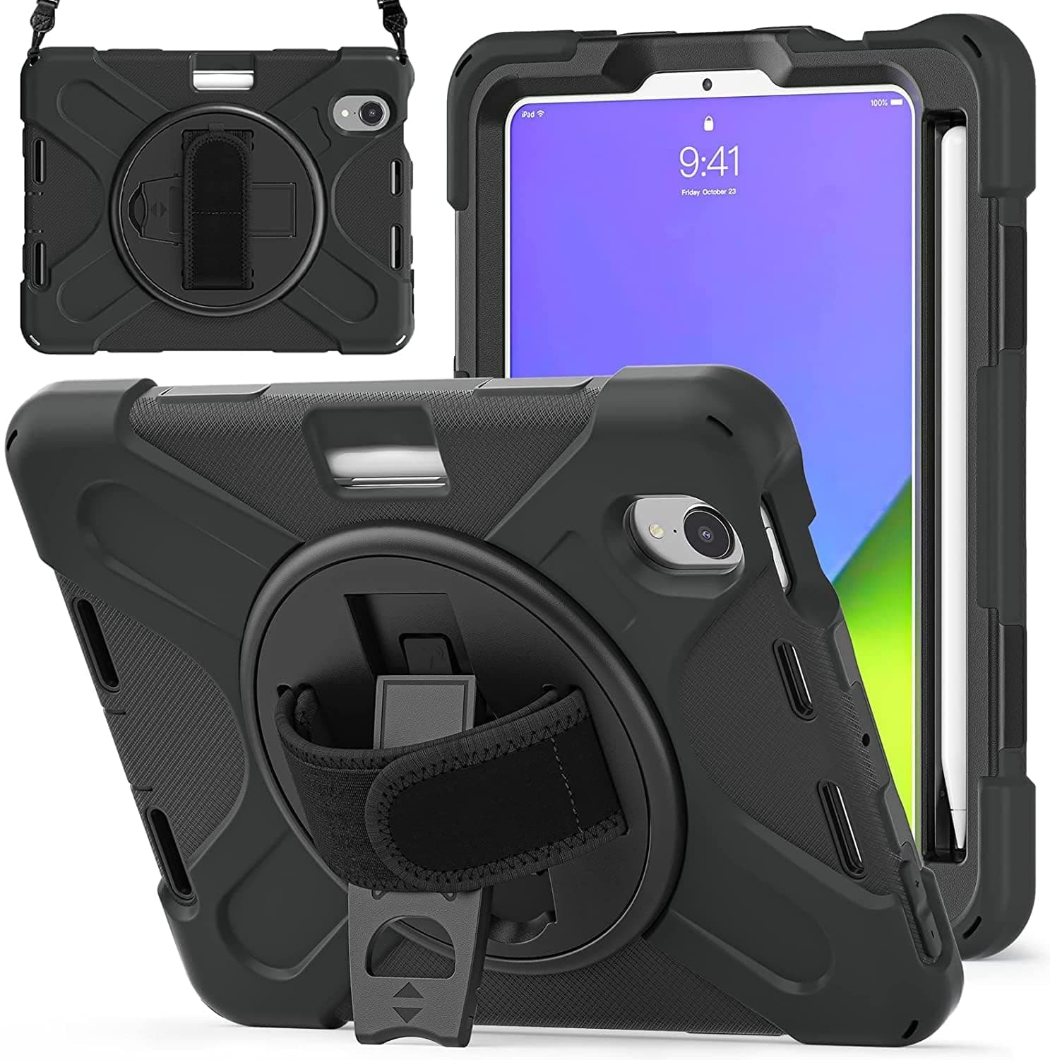 ZenRich Case for iPad Mini 7 (A17 Pro, 2024) / Mini 6 2021 8.3 inch, Heavy Duty Shockproof Rugged Case with Pencil Holder Rotating Stand Hand Strap and Shoulder Belt for Mini 7th Generation (Black)