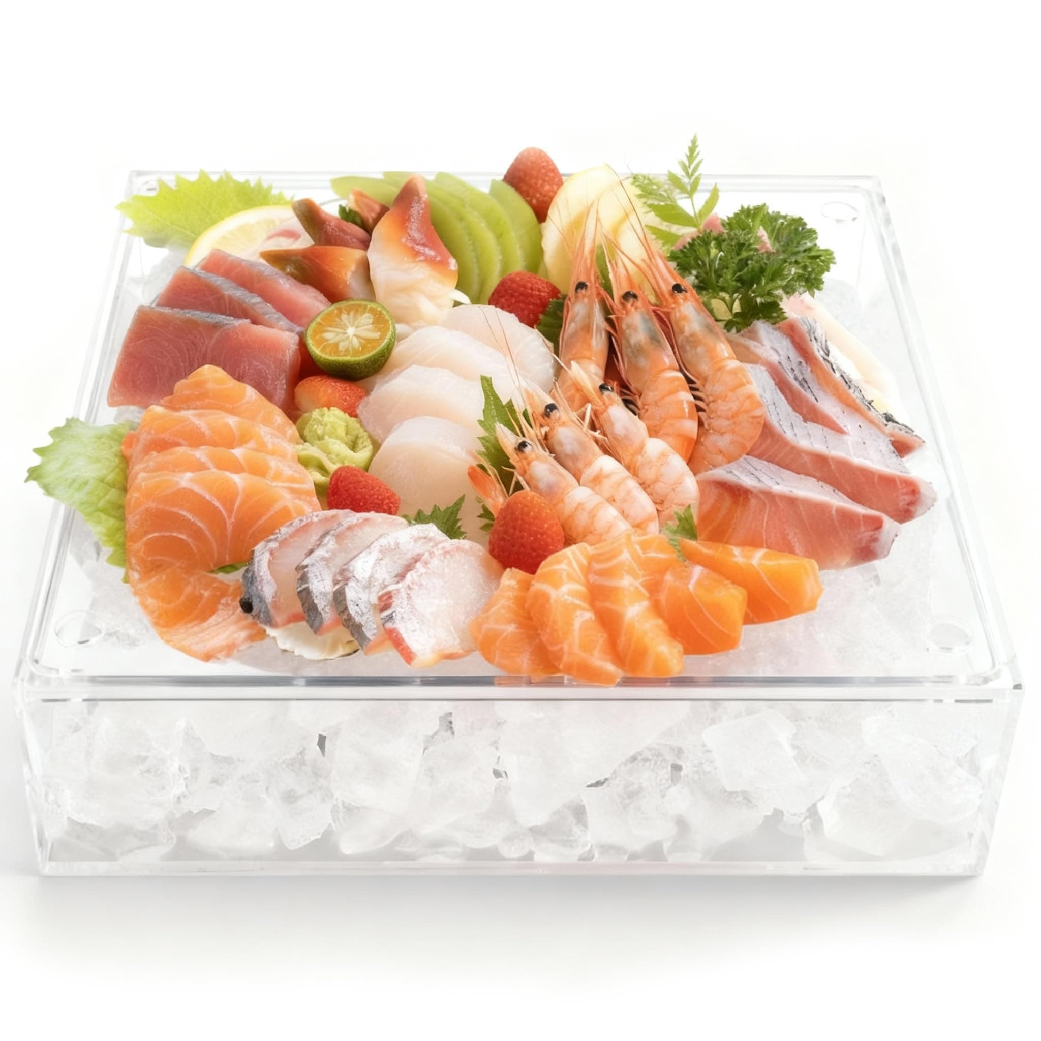 Ice Chilled Serving Tray with Ice Underneath, Acrylic Cold Food Buffet Server Platter for Party, Ice Serving Tray for Veggie, Cheese, Charcuterie, Shrimp Cocktail Serving Dish, Keep Food Cold