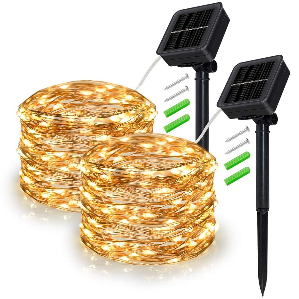 Outdoor Solar String Lights, 2 Pack 33FT 100LED Waterproof Solar Powered Fairy Lights Warm White, 8 Modes Solar Copper Wire Fairy Lights for Xmas, Patio, Yard, Tree, Garden, Wedding, Party, Lawn