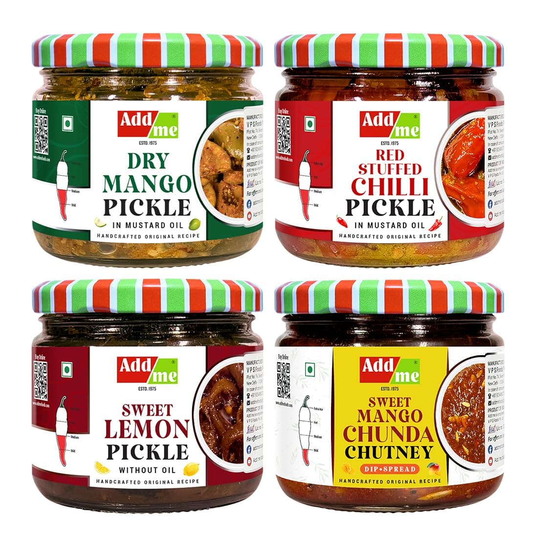 Add me Pickle box Combo Pack 4in1 Red Chilli Pickle 300gm, Dry Mango Pickle 300gm, Sweet Mango Jeera Chutney Chunda 350gm, Sweet lemon Pickle 350grm Gift Pack of 4, Glass Jar