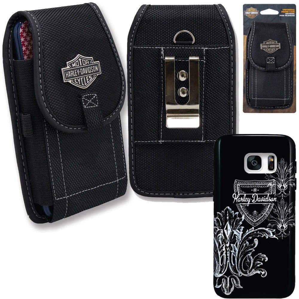 Harley Davidson Samsung Galaxy S7 Hard Shell Black and White Script Logo Cover with Vertical Nylon Harley Davidson Riding Case.