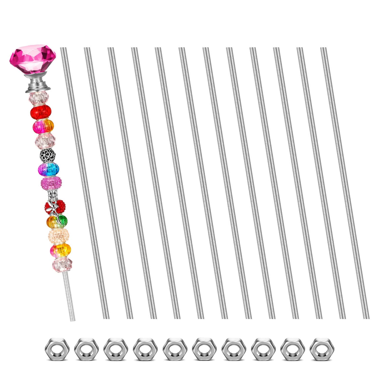 LEIFIDE 8/32 Inch 4mm Threaded Rod with Hex Nuts 4mm Stainless Steel Threads Studs Rods Stainless Steel Fully Threaded Hex Nuts for Beaded Garden Stake Rods(24 Pcs,8 Inch)