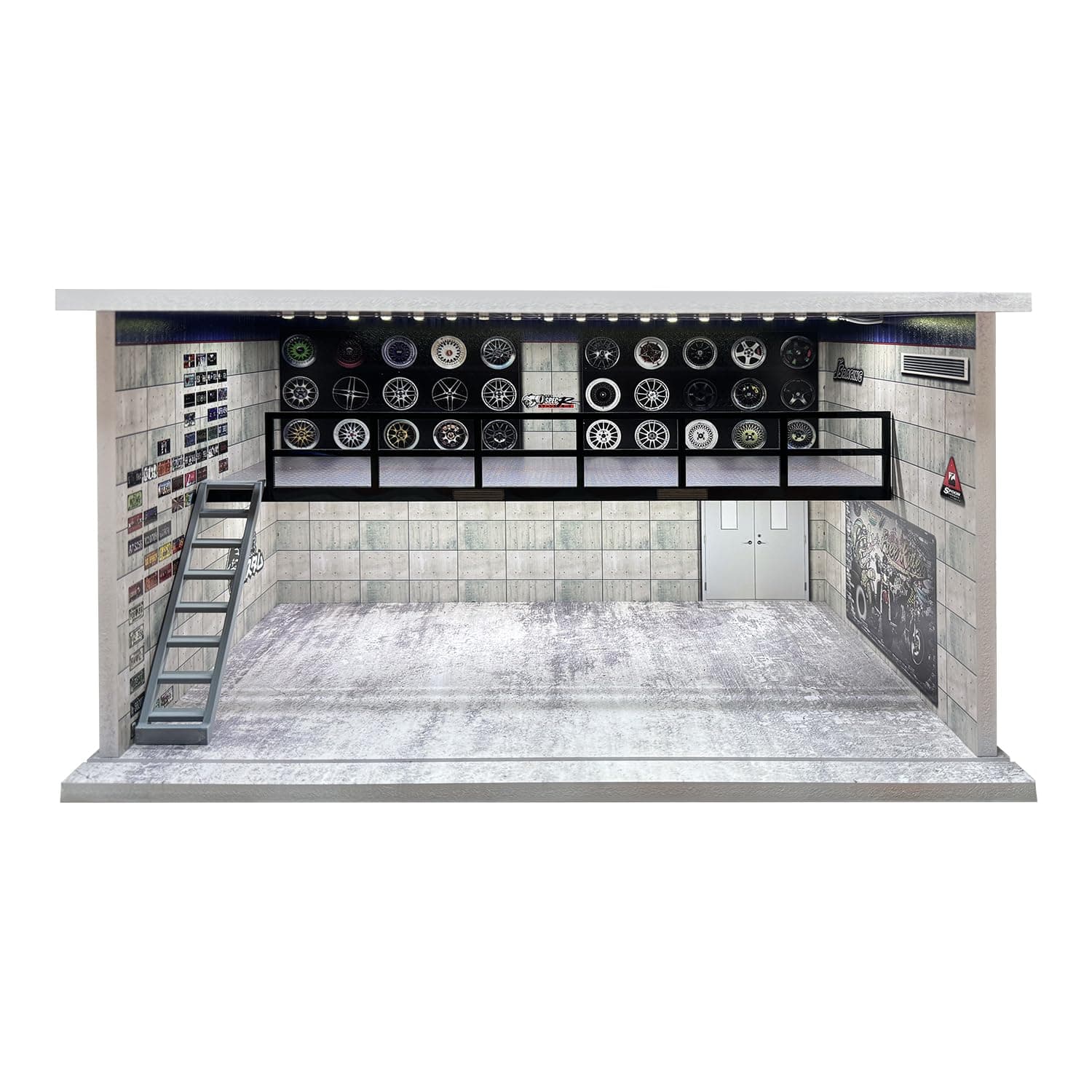 1:24 Scale Die-cast Model Car Display Case with Parking Lot Scene for Jada and Lego Collectors, Diorama Garage for Alloy Sport Car Model Toy with USB Lights and Acrylic Cover, 4 Parking Spaces