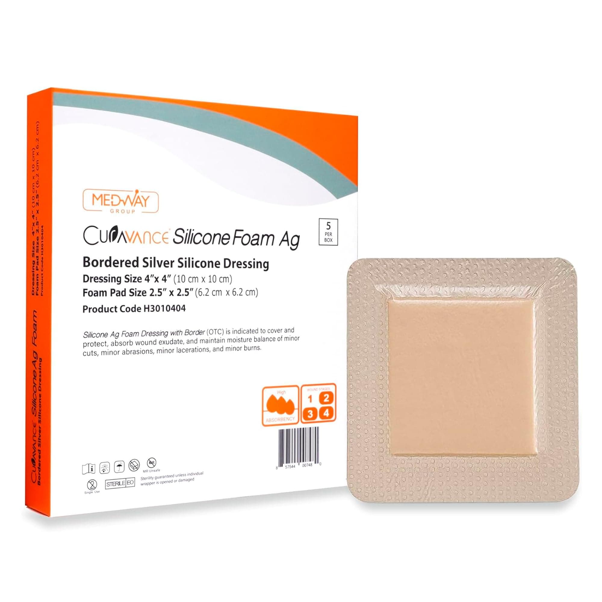 MedVance Bordered Silver Silicone Ag Sterile Absorbent Dressing, 4"x 4" (2.5"x 2.5" Pad), 5 dressings/Box, 5 Pack