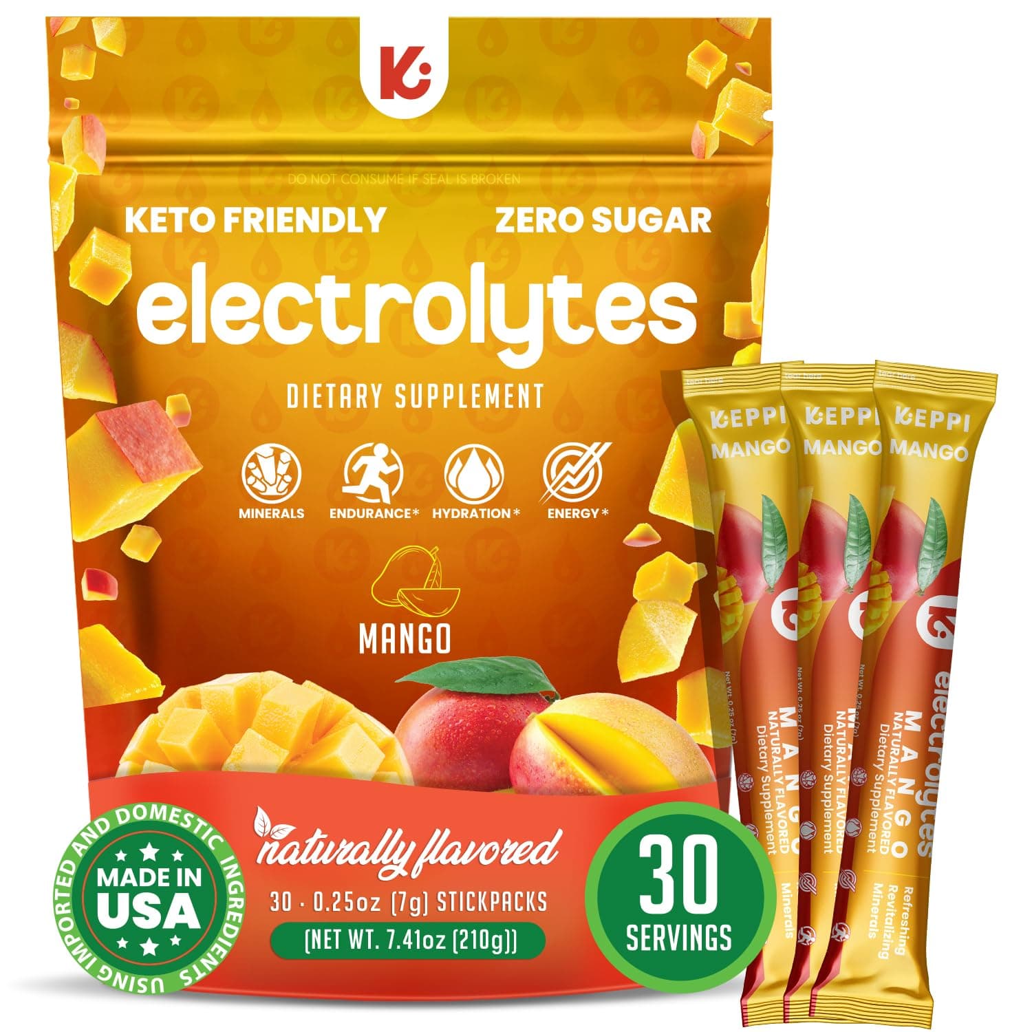 Electrolytes Powder Packets – Mango Flavor 30 Servings – No Sugar Hydration Supplement with Potassium, Magnesium, Sodium – Keto, Vegan, Fasting-Friendly, Zero Calorie Hydration Packets