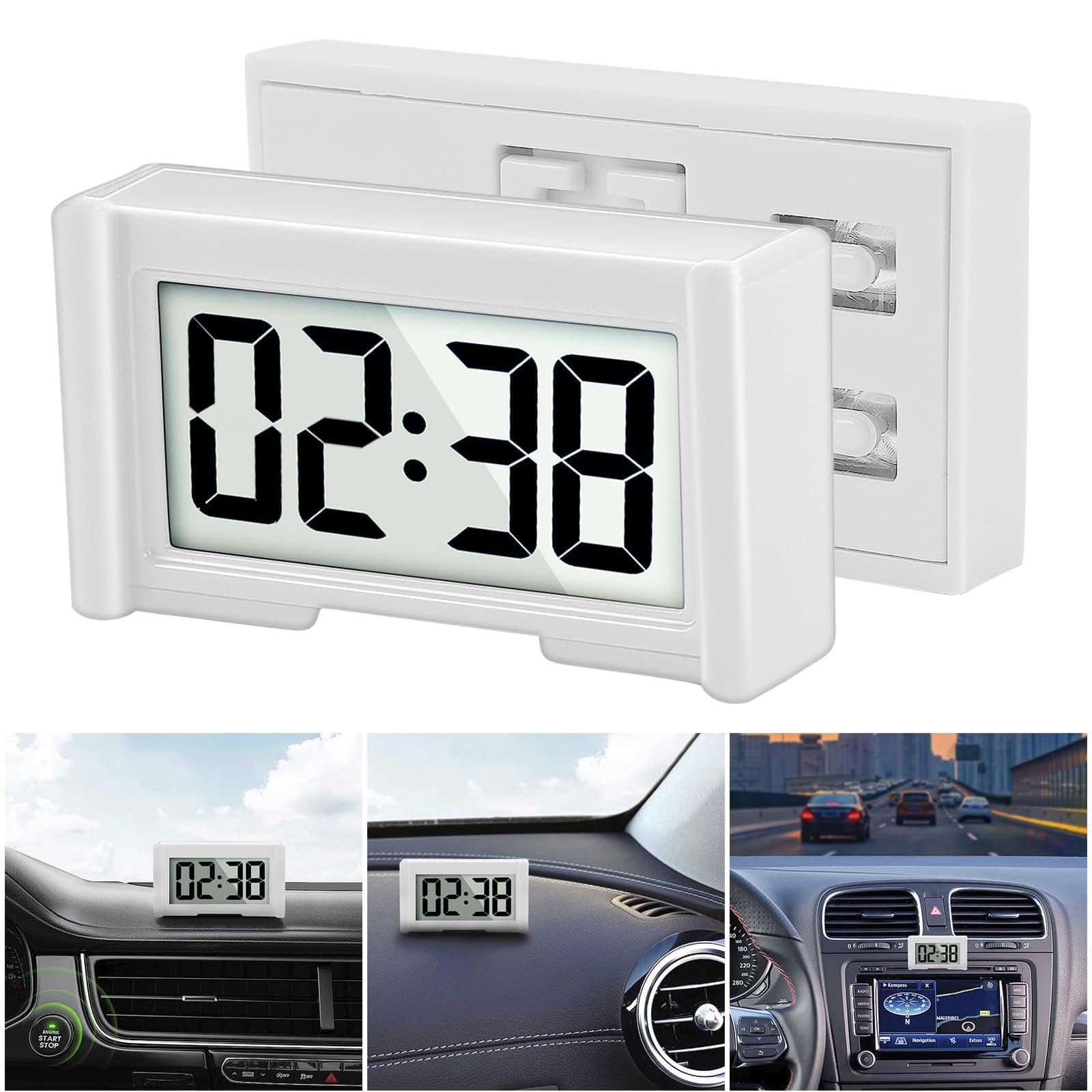 Small Digital Clock, Vehicle Adhesive Clock with Jumbo LCD Time & Day Display, Mini Car Dashboard Clock Battery Operated for Desktop Car Truck Dashboard & Air Vent (White)