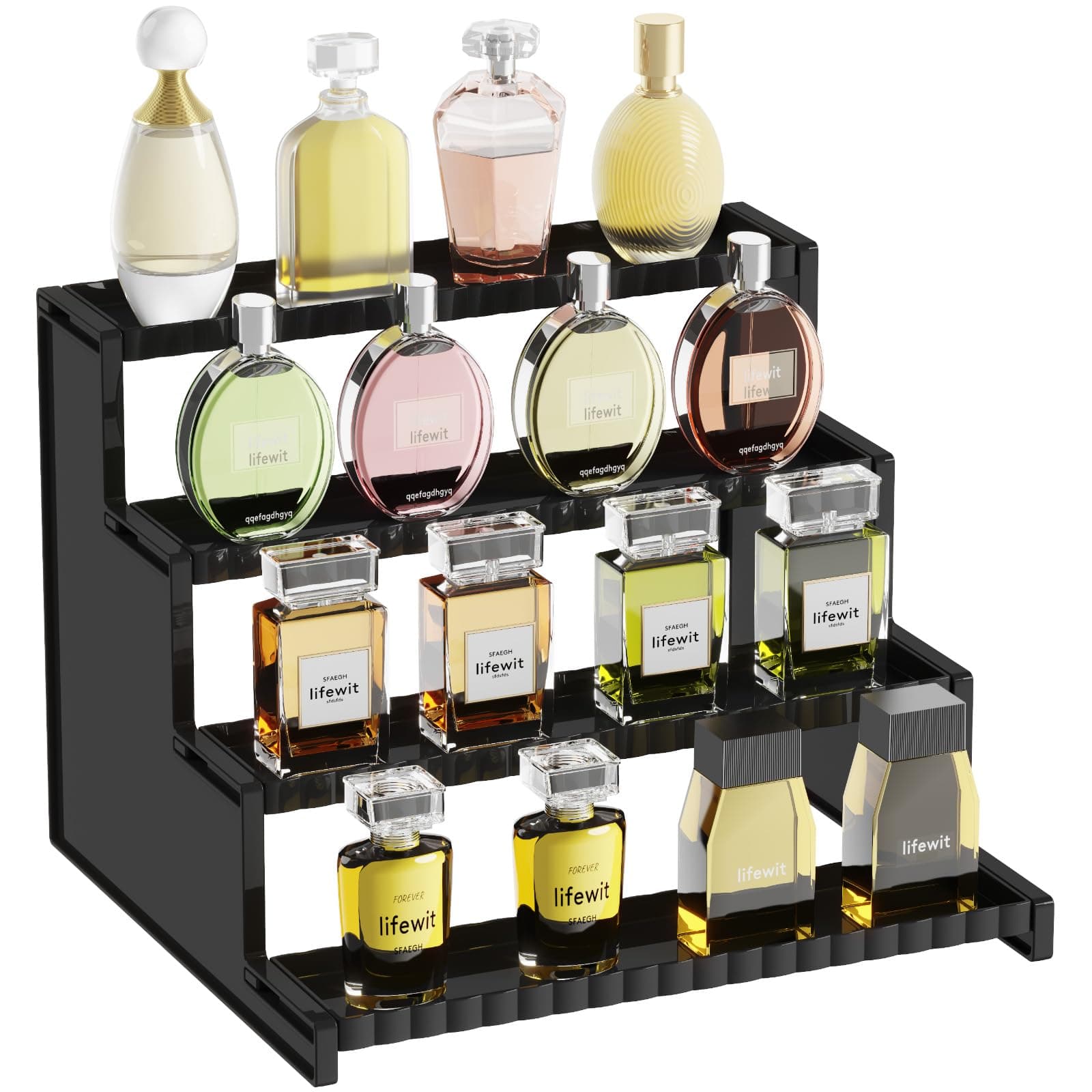 Lifewit 4 Tier Black Display Risers Stand, Plastic Perfume Organizer Cologne Display Stand, for Makeups, Figures, Cupcake, Dessert, Spice, Fragrance, Countertop, Vanity, Dresser, 1 Pack