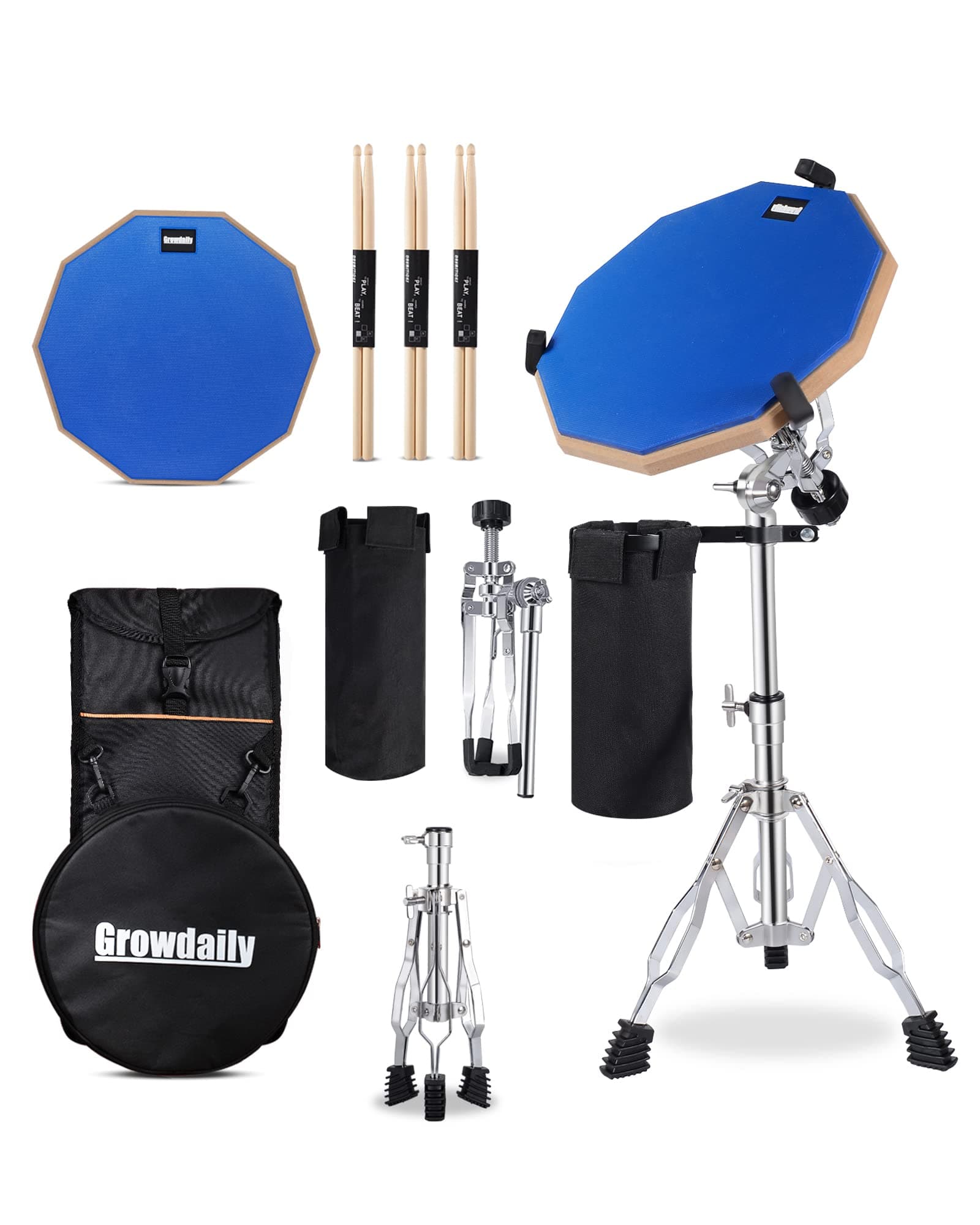 Drum Practice Pad Snare Drum Stand Set 12 In With Blue Double Sided Silent Drum Pad,Drum Dampeners Gel, Drum sticks,Carrying Bag Adjustable Stand(Fits 10''-14'' Drums) (Blue)