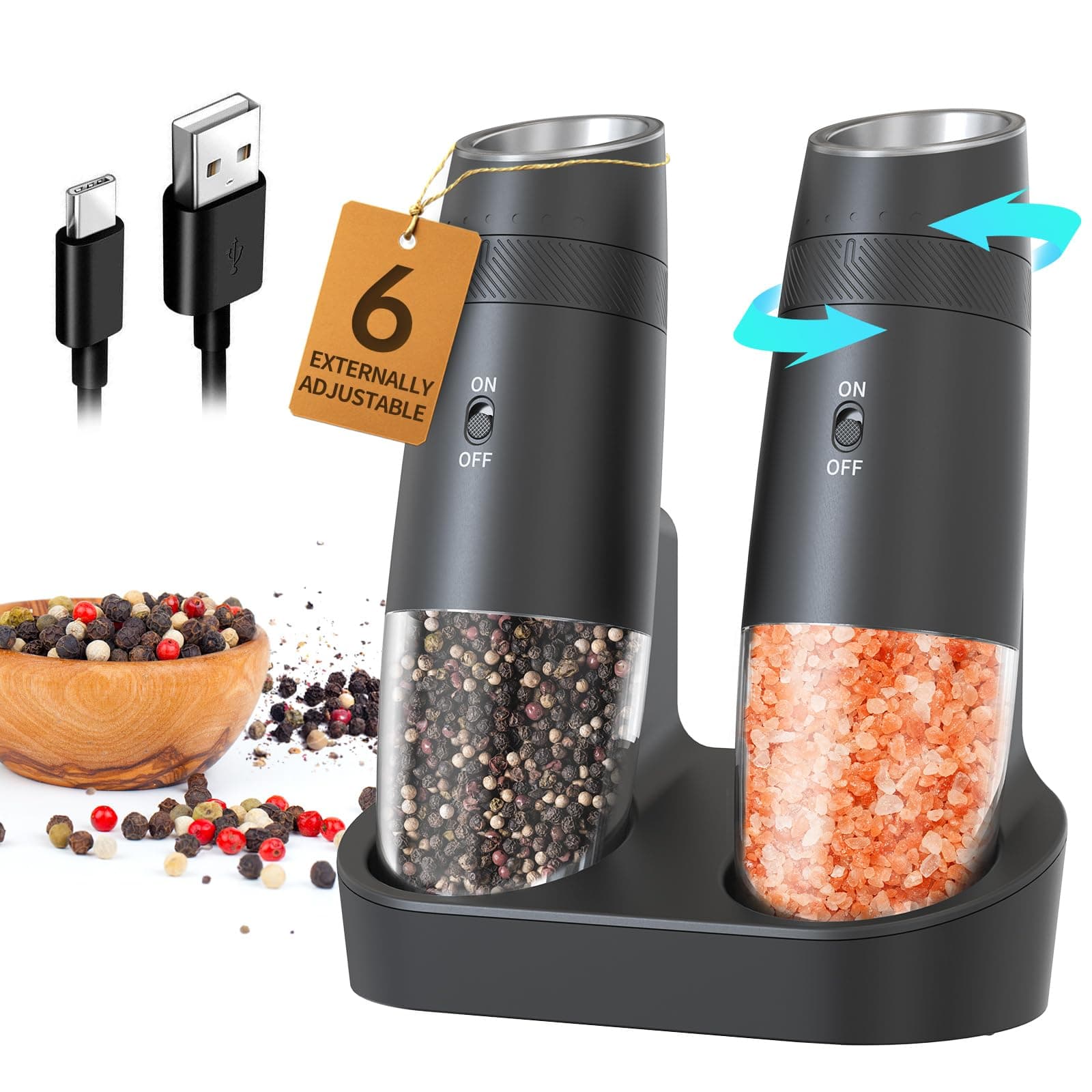 CIRCLE JOY Gravity Electric Salt and Pepper Grinder Set Automatic Shakers Upgraded Pepper Mill with Rechargeable Base, External Adjustable Coarseness, LED Light, Easy Refill for Kitchen & Outdoor