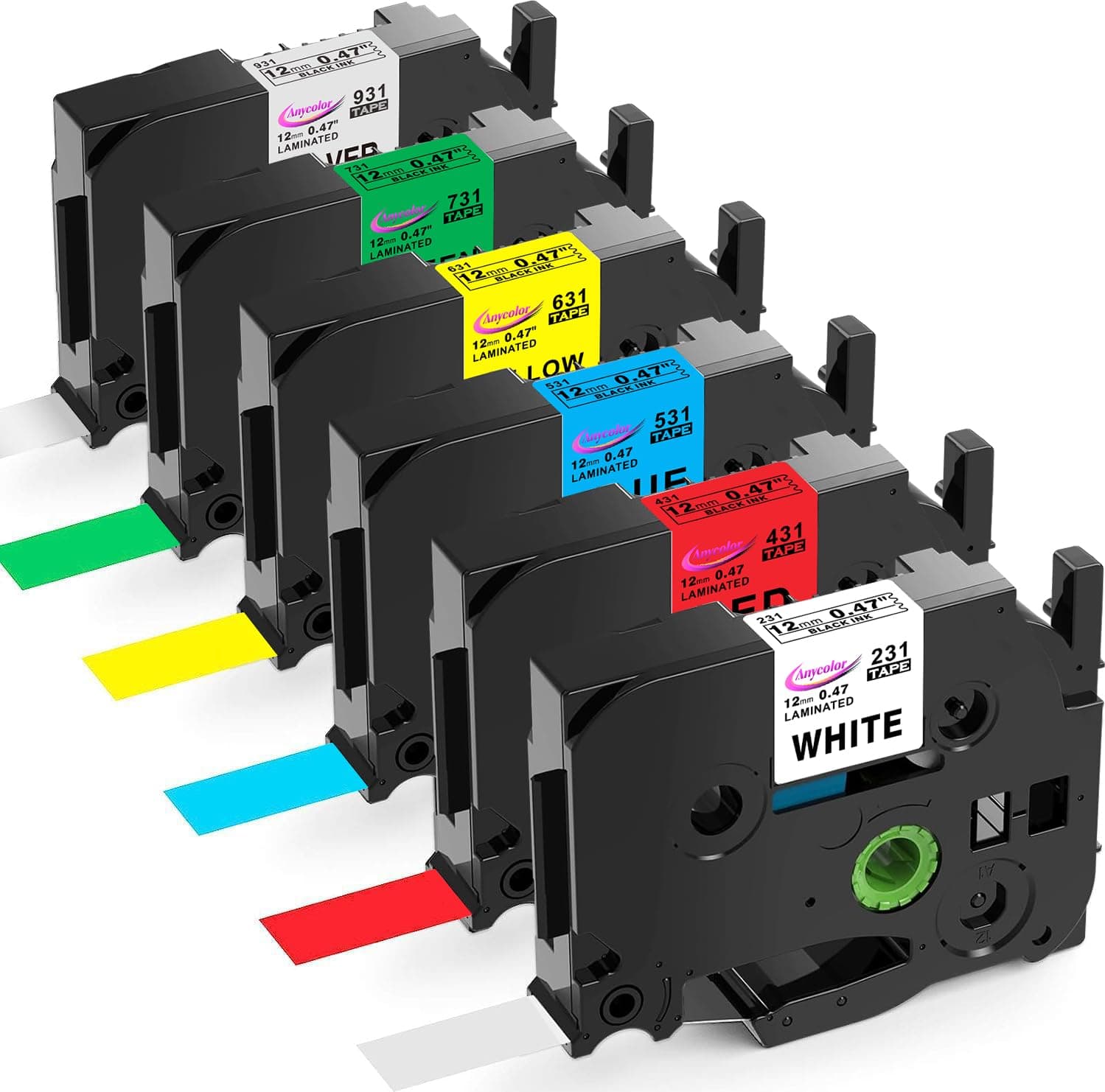 6 Pack Compatible with Brother P Touch 12mm 0.47 Inch Laminated TZ Label Maker Tape TZe TZ Label Tape for Brother Ptouch PT-D220 PT-D210 PT-H110 D410 D600, White/Silver/Red/Blue/Yellow/Green