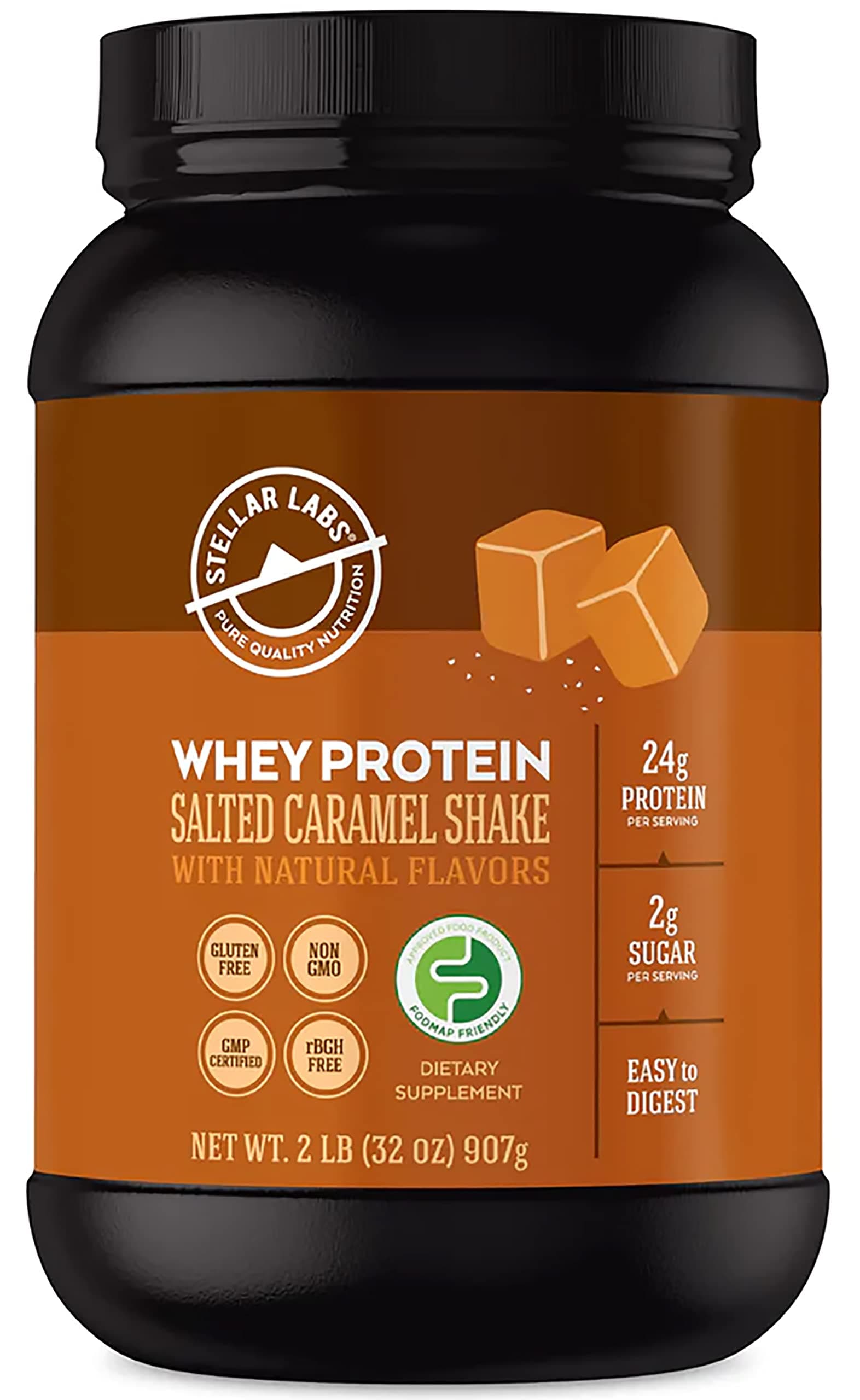 Stellar Labs Whey Protein Powder with BCAA's & Whey Isolate | Certified Low FODMAP, Non GMO, Gluten Free, Soy Free, Low Carb, Keto, with Stevia | All Natural Lean Post Workout Shakes | Salted Caramel