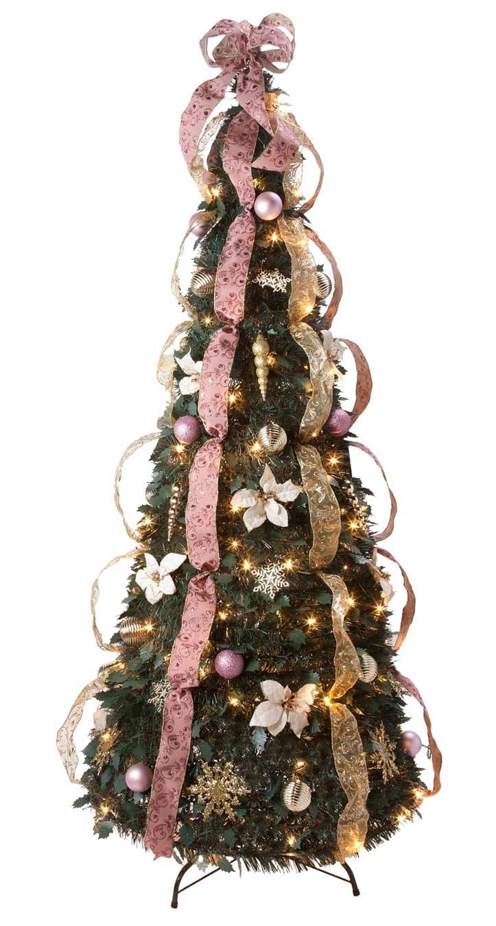 HOLIDAY PEAK 6’ Victorian Style Pull-Up Christmas Tree, Gold and Blush Pink, Pre-Lit and Fully Decorated, Collapses for Easy Storage