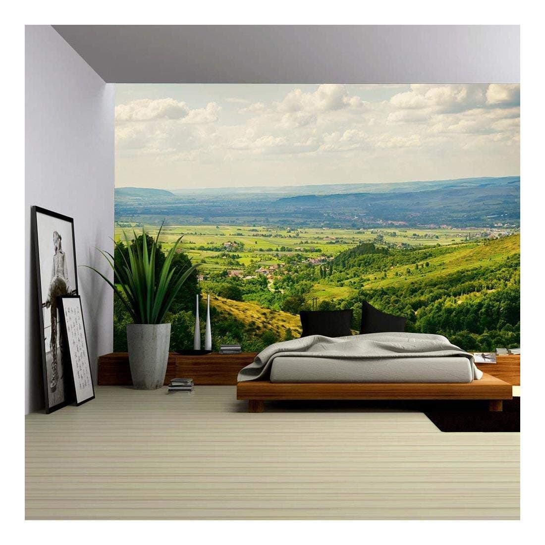 wall26 - Natural Landscape with Fields and Forests Over Cloudy Sky - Removable Wall Mural | Self-Adhesive Large Wallpaper - 66x96 inches