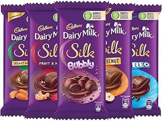 Cadbury Dairy Milk Silk Large Chocolates Combo (1 X Silk Oreo 130G, 1 X Silk Bubbly 120G, 1 X Silk Roast Almond 143G, 1 X Silk Fruit And Nut 137G And 1 X Silk Hazelnut 143 Gram)