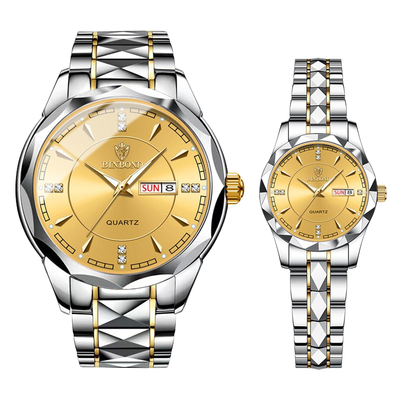 Couple Watches Gift Set: His and Her Rhombus Quartz Analog Stainless Steel Luminous Hands Date 3 ATM Waterproof Business Casual Men Women Watch Sets