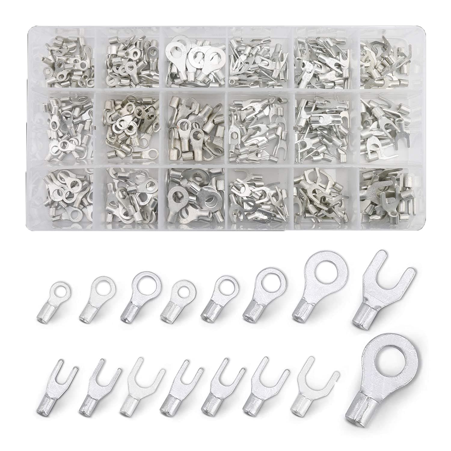 420pcs Non-Insulated Ring Terminals & Fork Connector Kit 22-16/16-14/12-10 Gauge Wire Lugs Battery Cable Terminals Wire Crimp Connectors High Temperature T2 Pure Non-Insulated Copper Connector