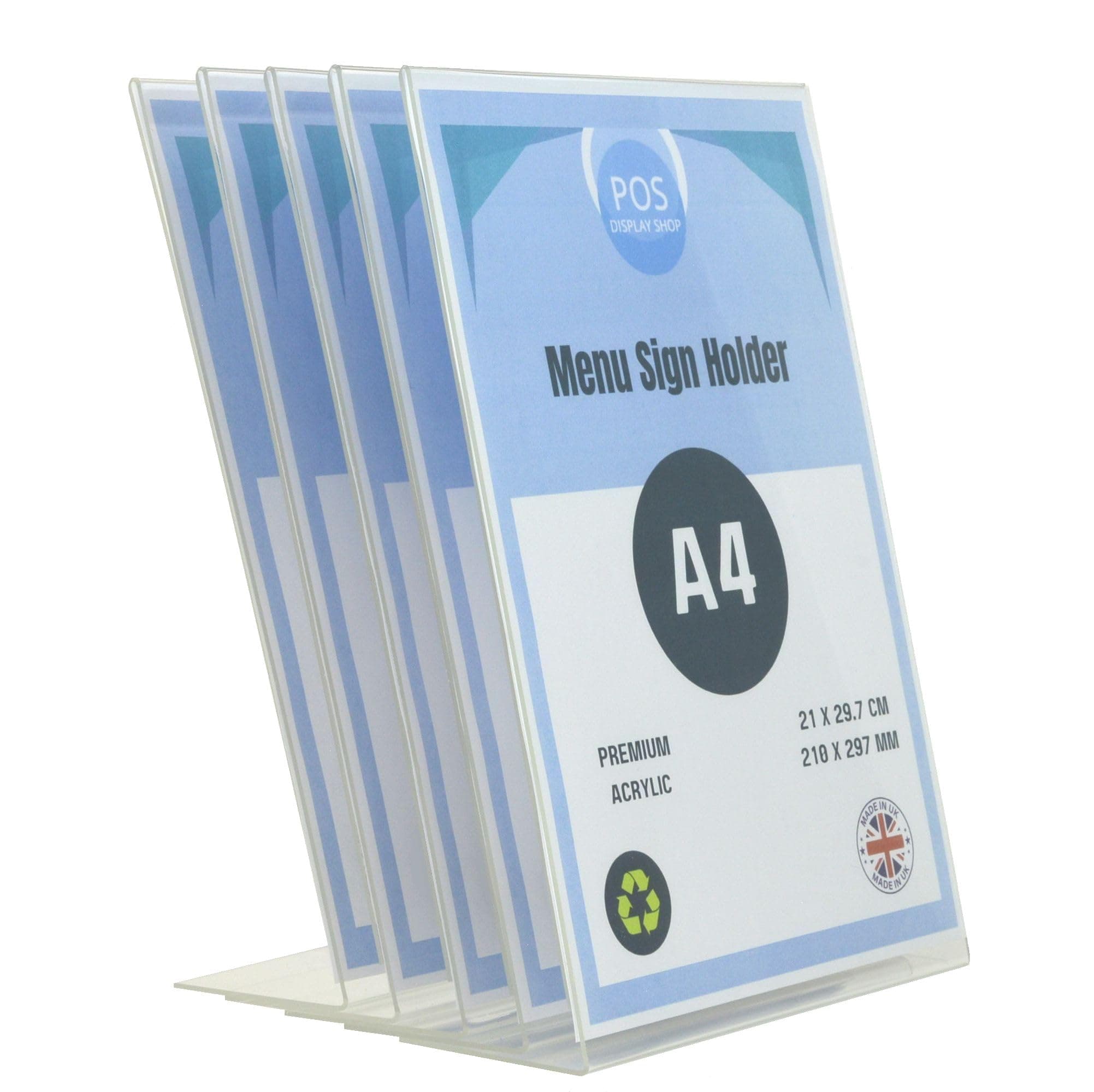 Pos Display Shop 5 x A4 Portrait Acrylic Table Menu Copy Document Poster Sign Holder Angled Lean to Perspex Leaflet Stand - 100% Recyclable! Handmade in The UK!