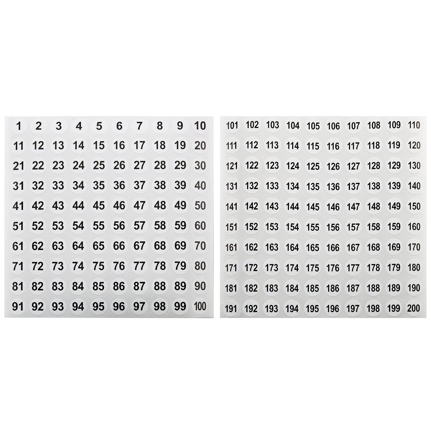 Number Sticker 1-200, 20 Sheets Vinyl Continuous Digital Self-Adhesive Sticker, 0.4 Inch Small Circular Storage Finishing Sticker (10 Sheets 1-100 and 10 Sheets 101-200)