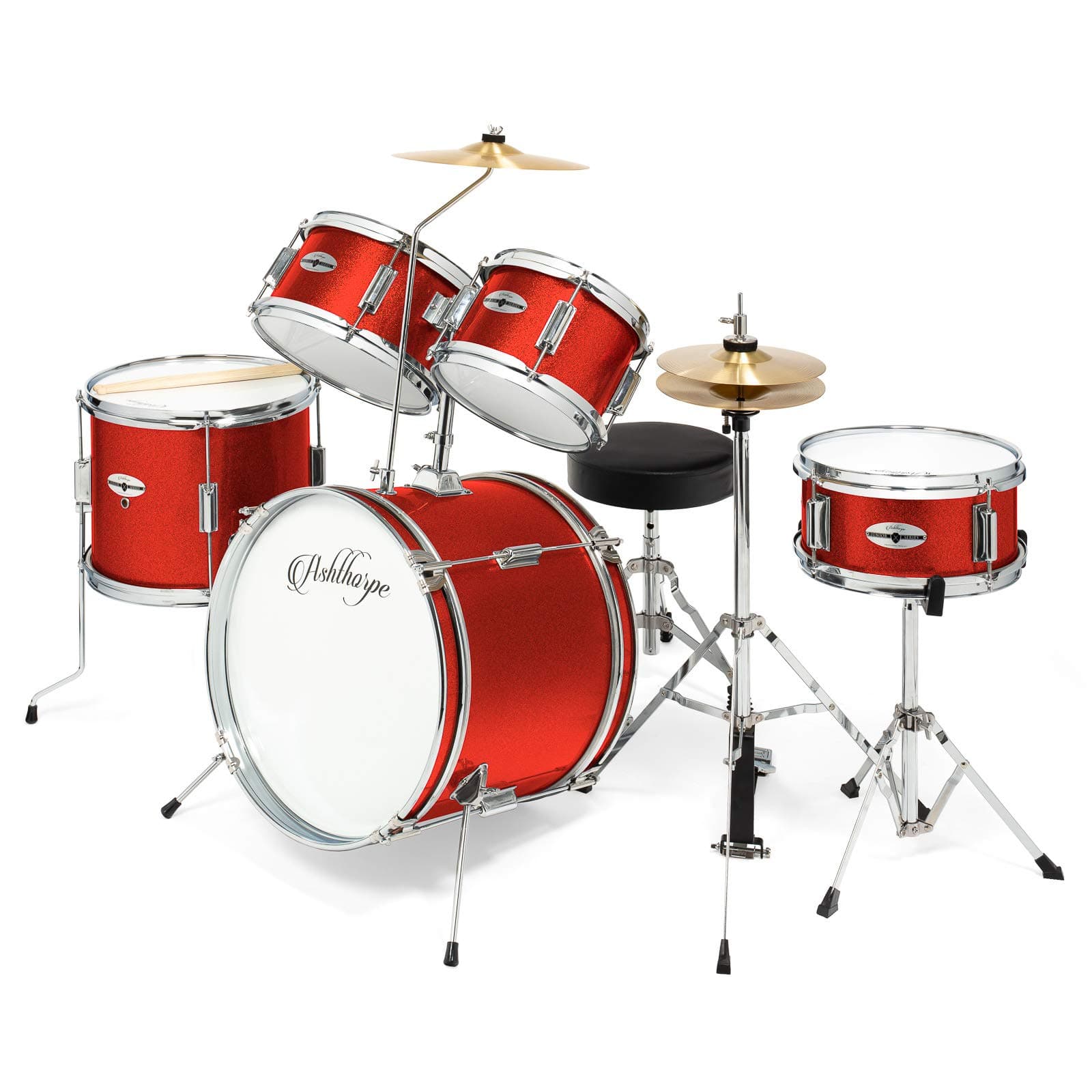 Ashthorpe 5-Piece Complete Junior Drum Set with Genuine Brass Cymbals - Advanced Beginner Kit with 16" Bass, Adjustable Throne, Cymbals, Hi-Hats, Pedals & Drumsticks - Red