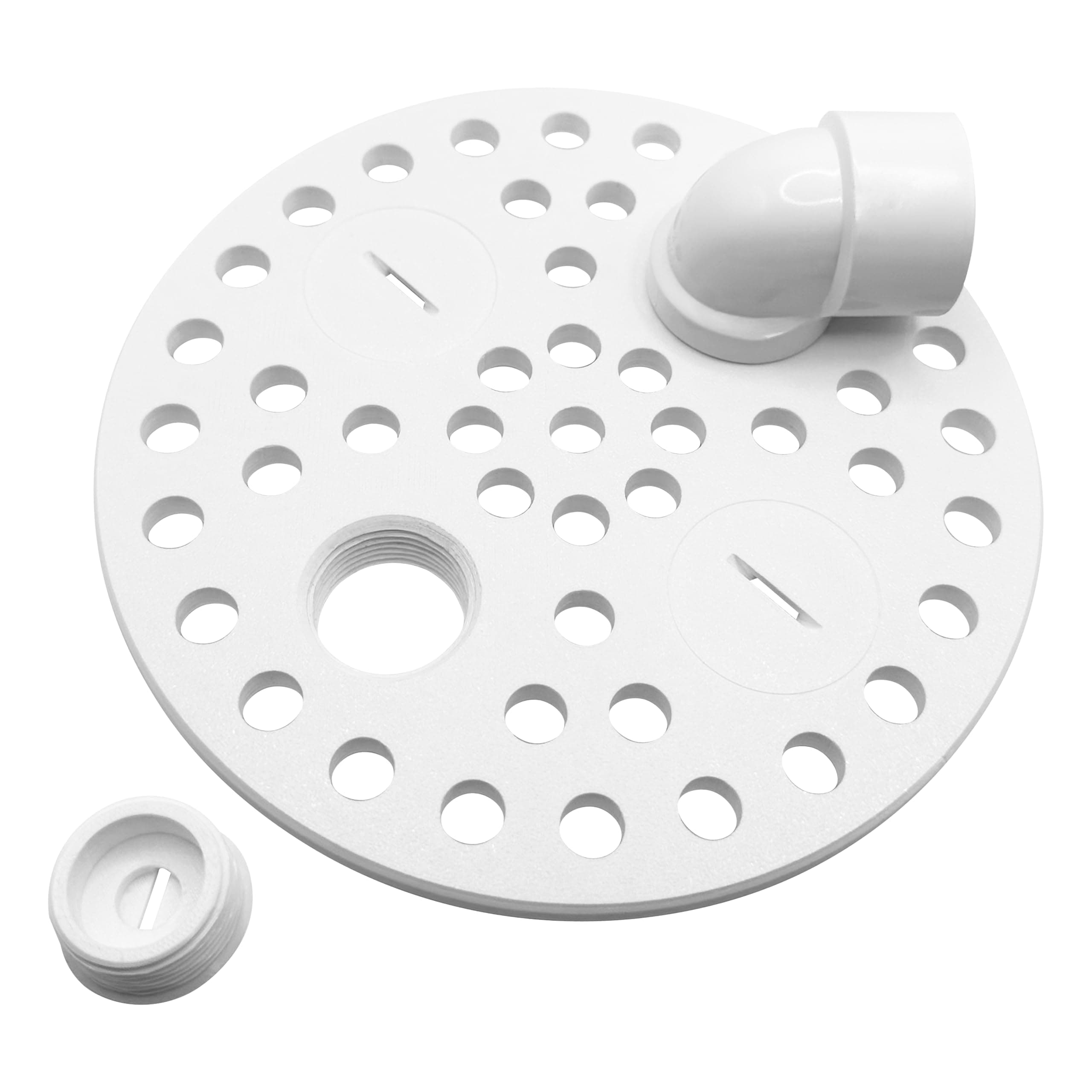 6.5 Inch Plastic Floor Drain Cover Replacement – Round Floor Drain Strainer with 4 Threaded Drain Ports, Includes Fittings, Basement & Garage Drain Grate Kit