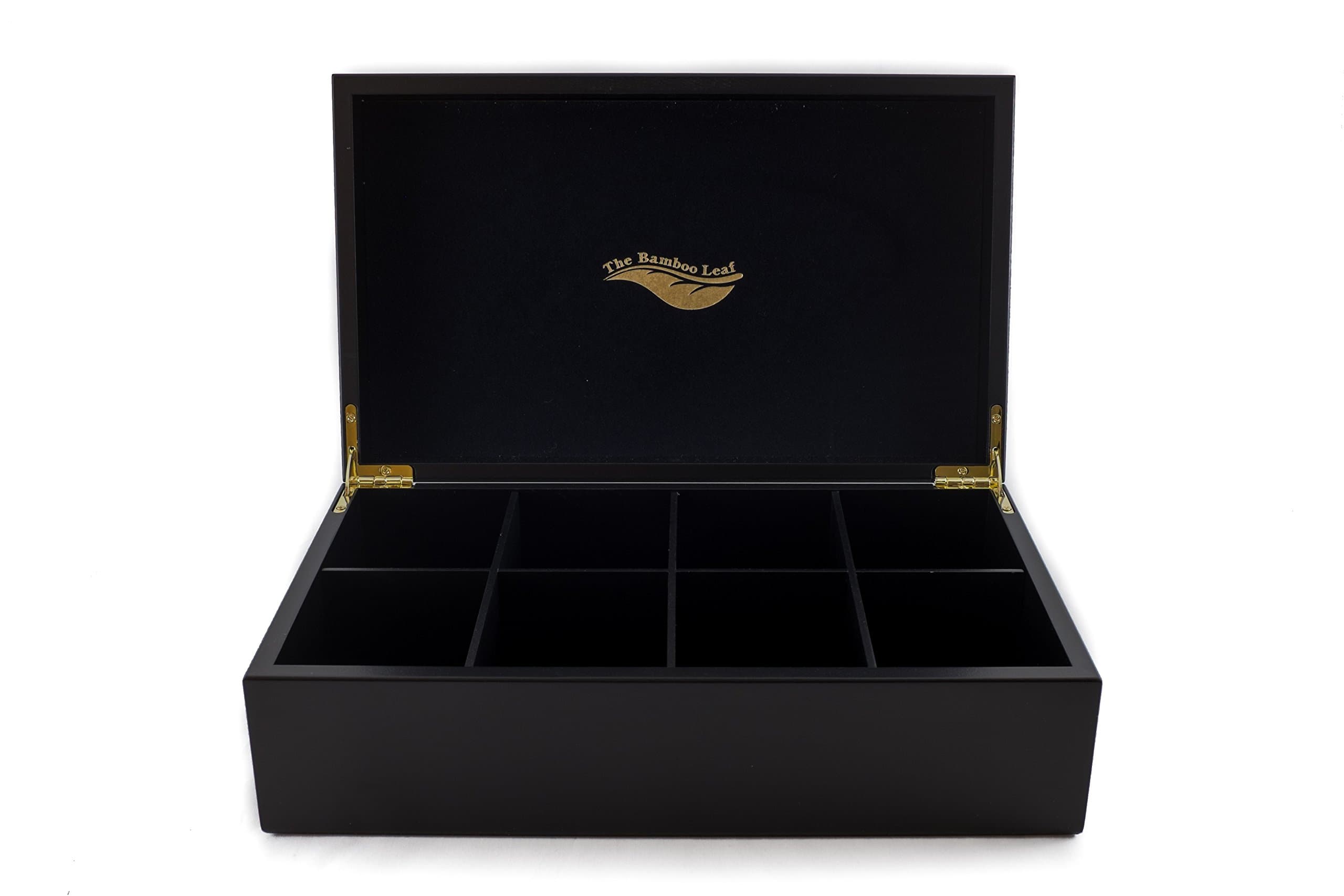 Tea Box Storage Organizer for Tea Collections, 8 Compartment w/Solid Lid (Black)