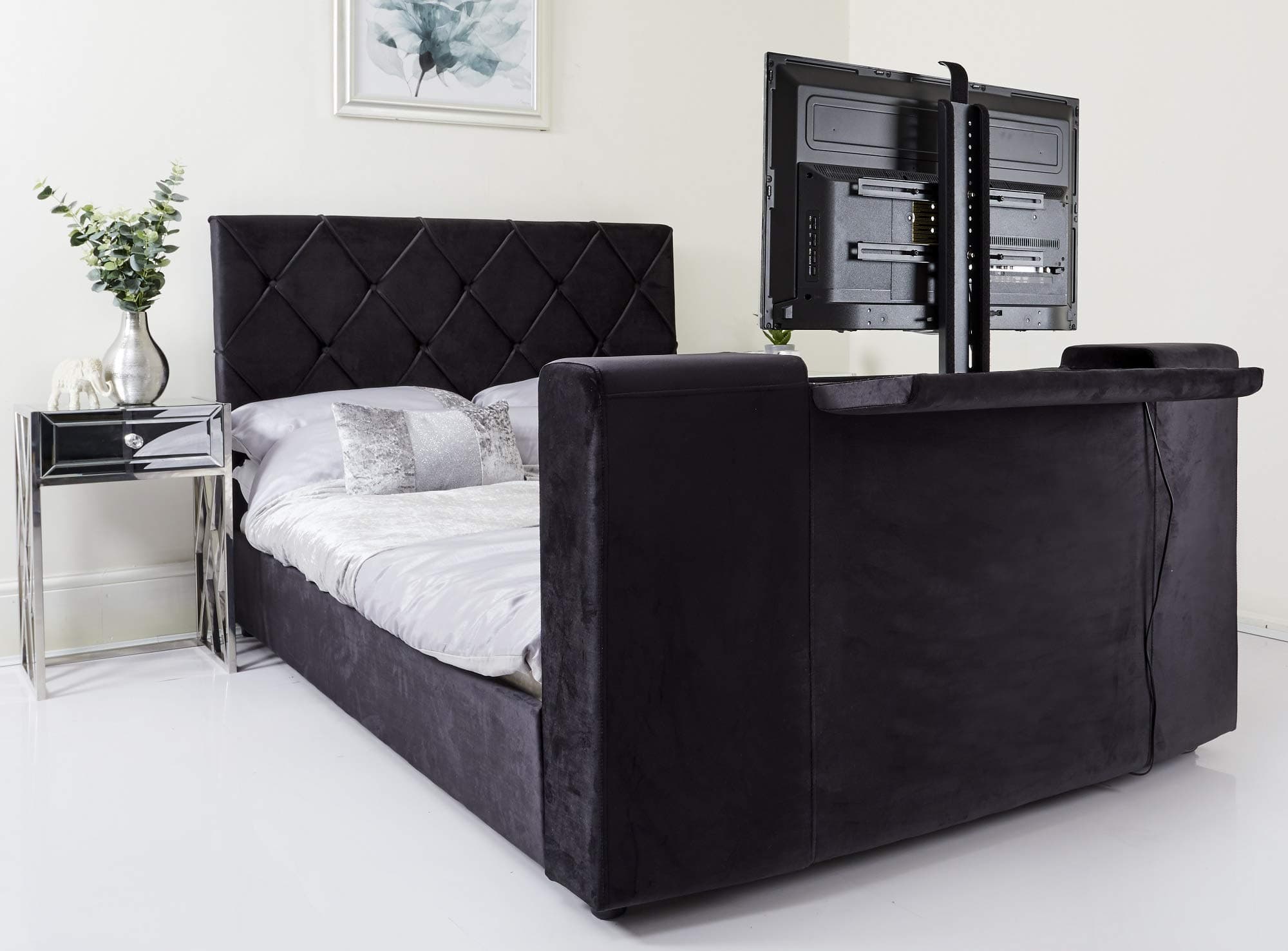 Abreo TV Bed Frame for 32" Super King Black Soft Velvet for Bedroom with Electric Remote Control Criss-Cross Style Headboard (Black Soft Velvet Criss-Cross Super King)
