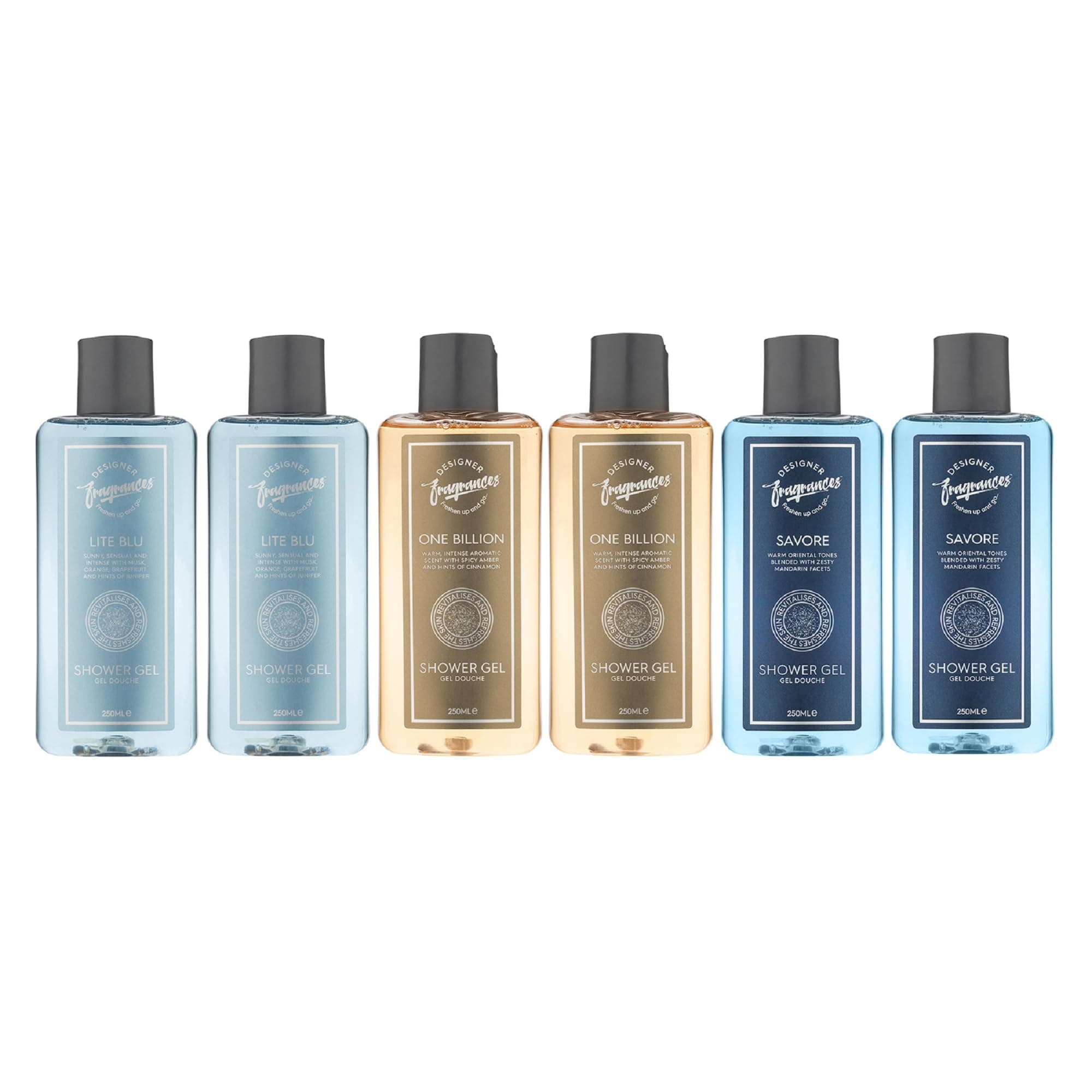 Designer Fragrances Men's 250ml Assorted Shower Gels Bundle - Each Pack Includes 2 x Lite Blu, 2 x One Billion, 2 x Savore - For Instant Freshness, Revitalizing, Hydrating, Long Lasting Smell