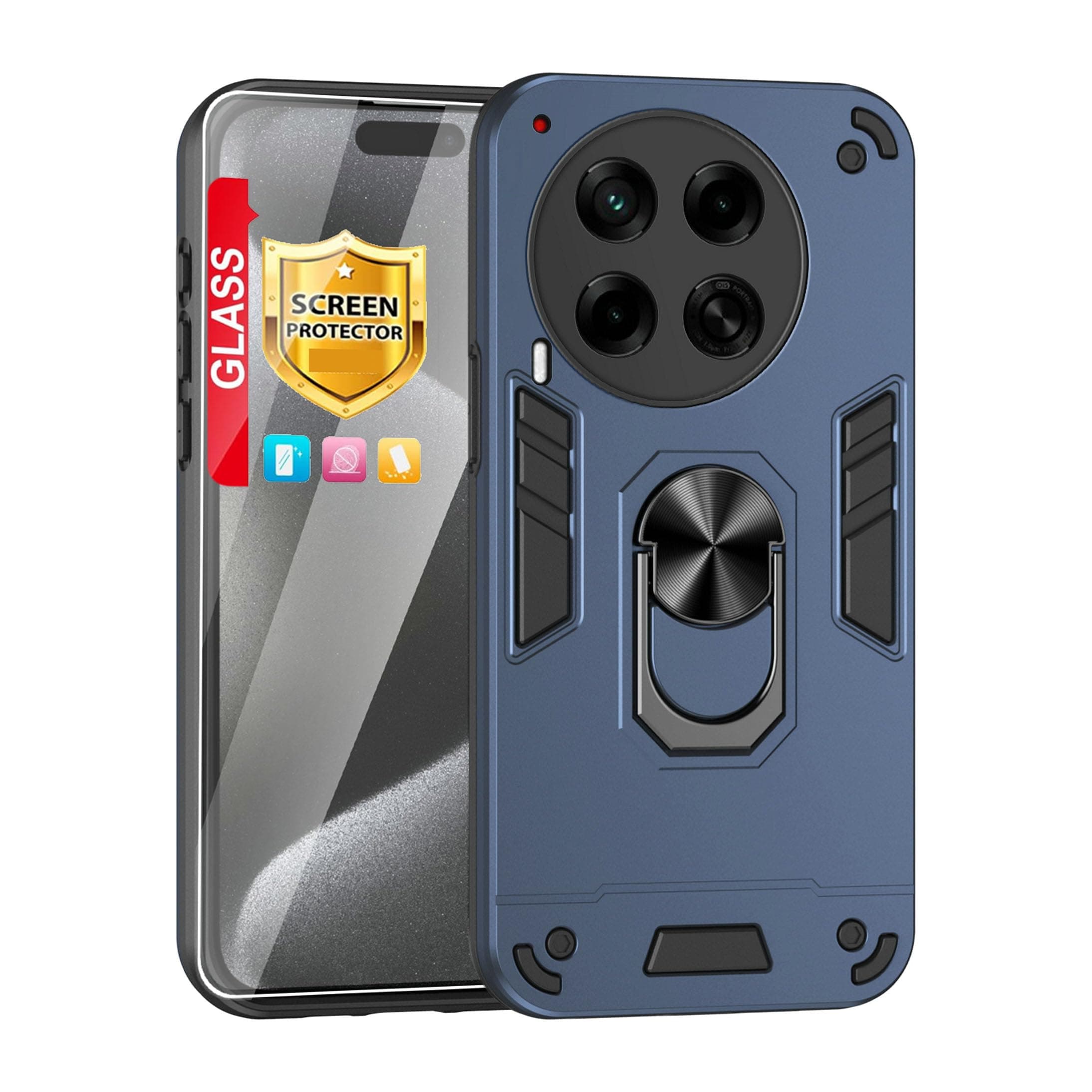 Compatible with Tecno Camon 30 4G/Tecno Camon 30 5G CL7 Phone Case Cover Built-in Stand Shockproof and Drop-Proof [with Tempered Glass Screen Protector] Blue