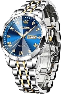 Men's Casual Stainless Steel Watch, Big Face Easy to Read Analog Quartz Watch with Day and Date, Classic Waterproof Diamond Roman Arabic Numerals Dial Dress Watch for Men, Gold Silver Black Band