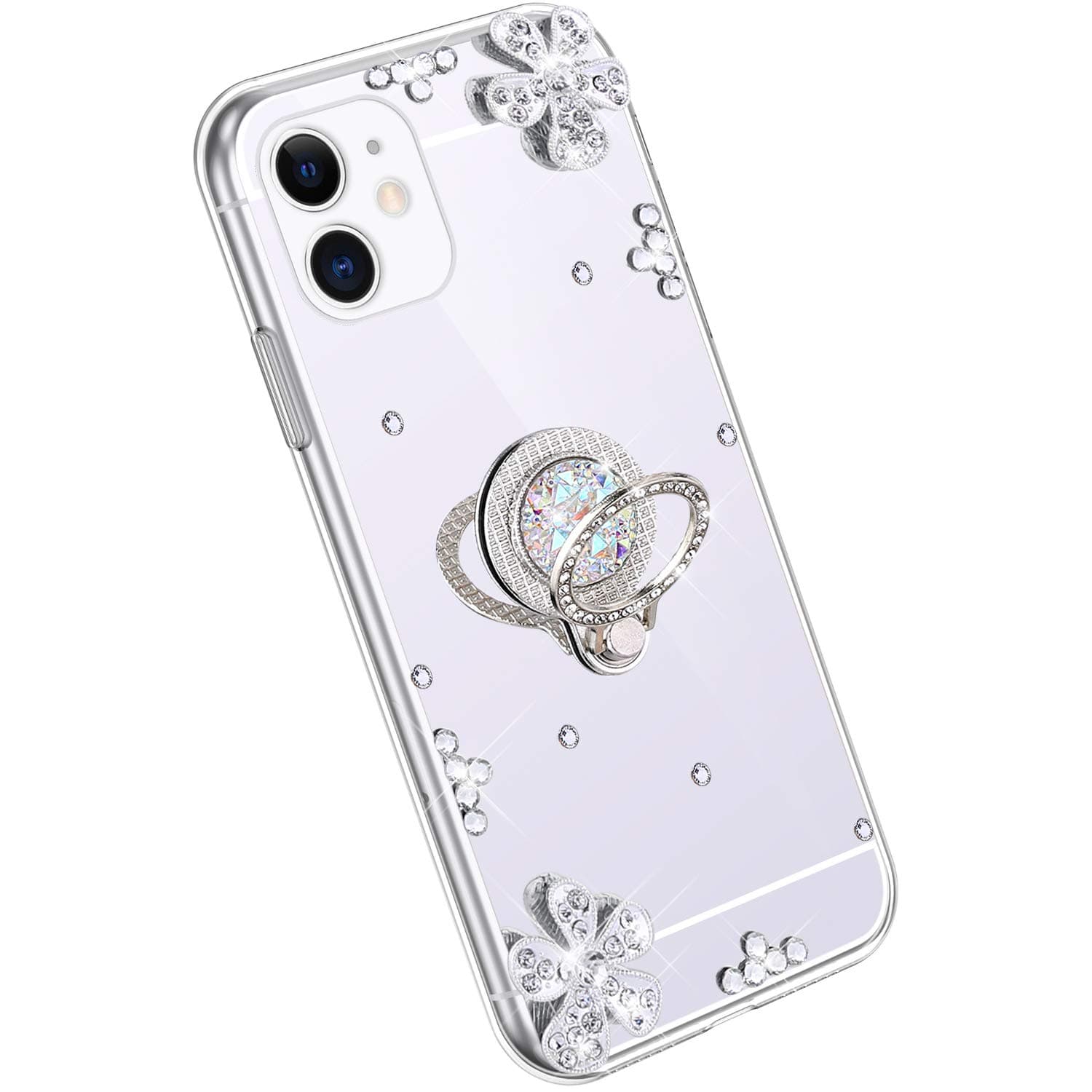 YSIMEE Compatible with iPhone 11 Cases,Bling Glitter Sparkle Rhinestone Diamond Mirror TPU Silicone Bumper with Finger Ring Stand Support Function Ultra thin Shockproof Cover,Silver