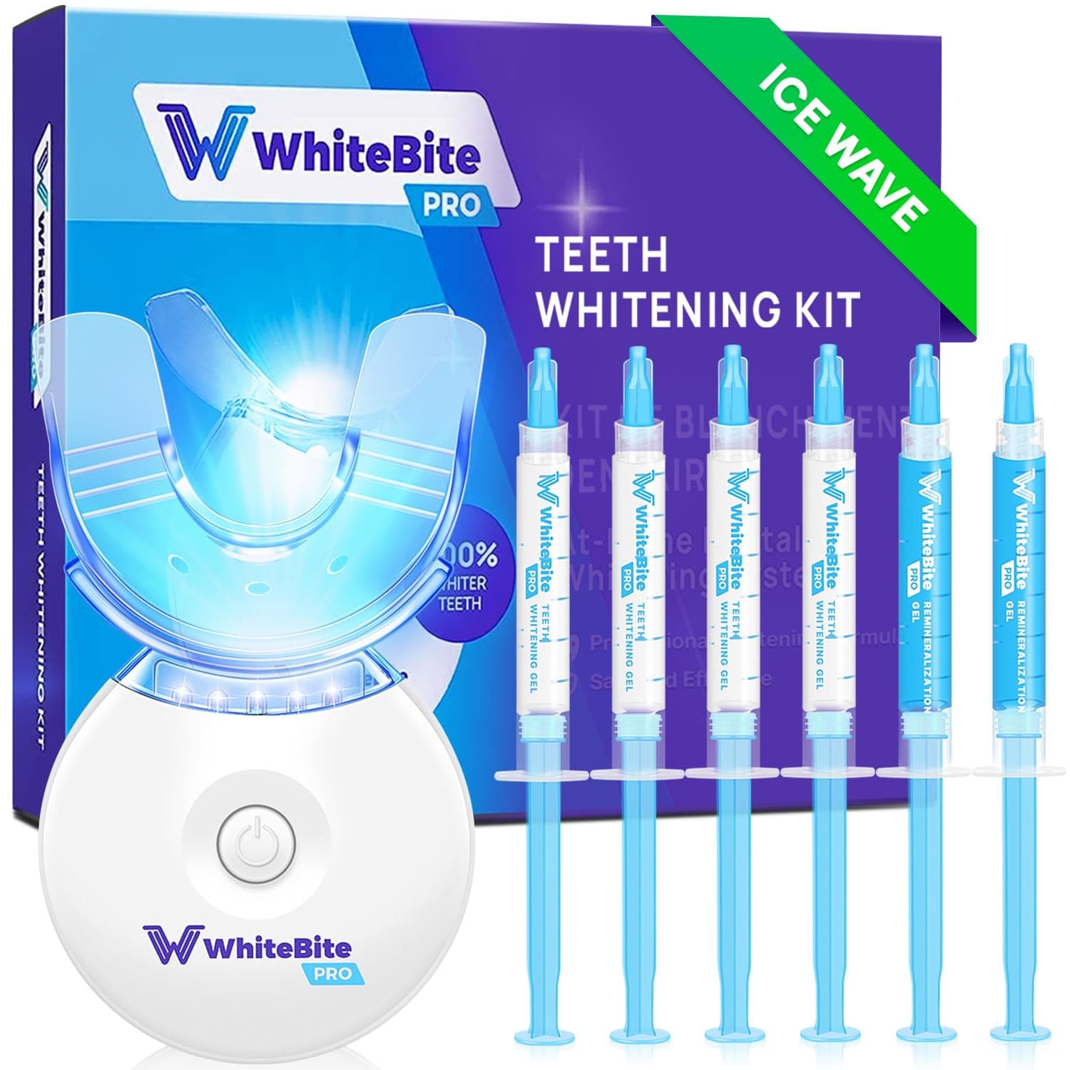 Whitebite Pro Professional Teeth Whitening Kit with Gels for Sensitive Teeth: Whitening LED Light, 35% Carbamide Peroxide Gel, Remineralization Gel (Mint)