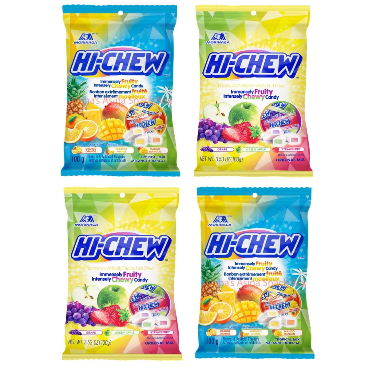 Hi Chew Candy Variety Pack - 4 Different New Assorted Flavors Fantasy Mix, Original Mix, Tropical Mix Sweet and Sour Flavor, Japanese Candy Pack of 4