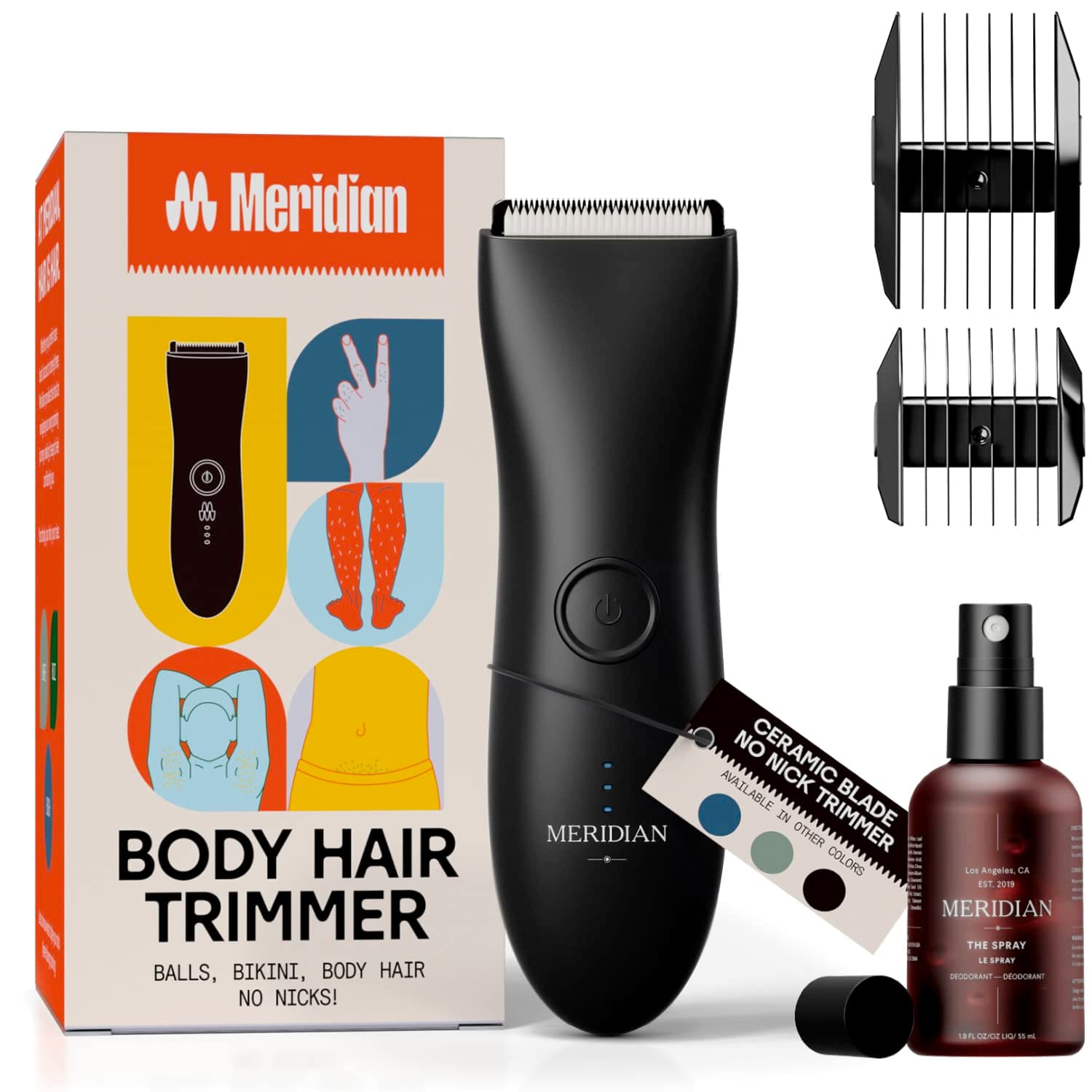 The Complete Package by Meridian: Includes Men’s Waterproof Electric Below-The-Belt Trimmer and The Spray (50 mL) - Features Ceramic Blades and Sensitive Shave Tech (Onyx)