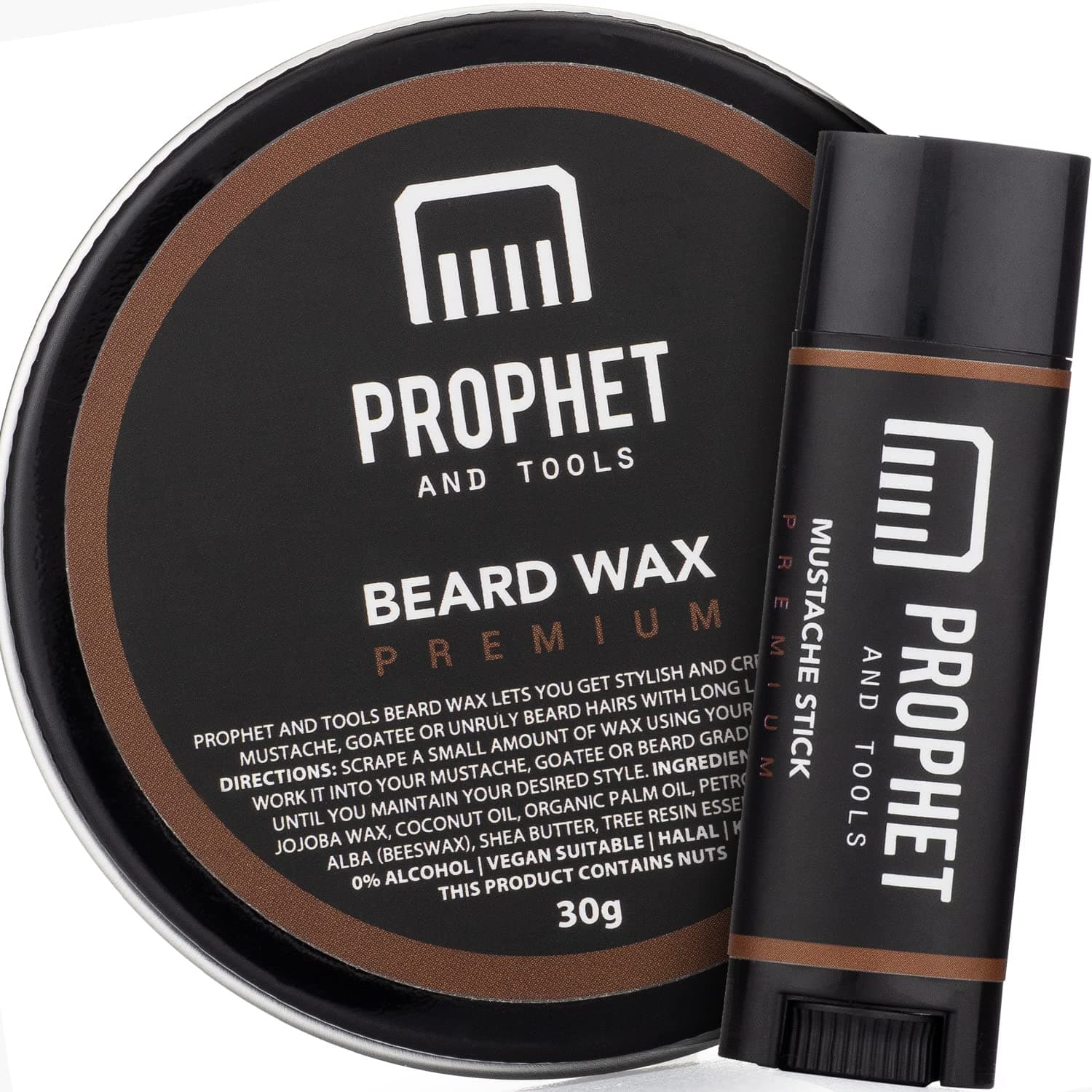 Prophet and Tools PREMIUM Beard Wax & Moustache Stick Set Hold Level = STRONG - Style, Straighten Mould Facial Hair - ORGANIC, VEGAN & HALAL