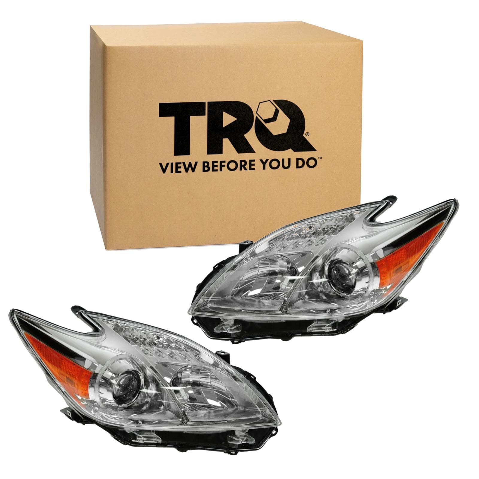 TRQ Driver and Passenger Side Headlight Assembly Set Compatible with 12-15 Toyota Prius Halogen Only
