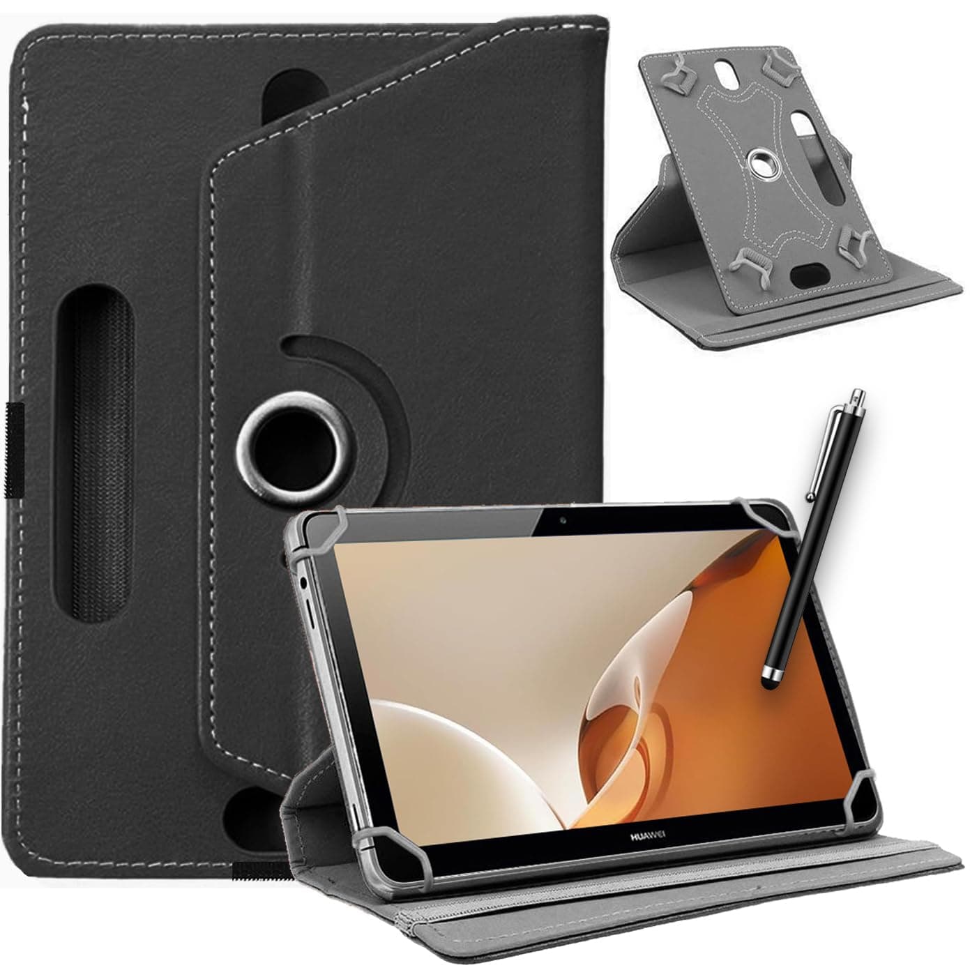 SU 10 inch Tablet Case - Universal Stand Case Folio Cover Magic Leather 360° Rotating Case Fits for ALL 10 Inch & 10.1in Inch Tablets + Stylus Pen (BLACK)
