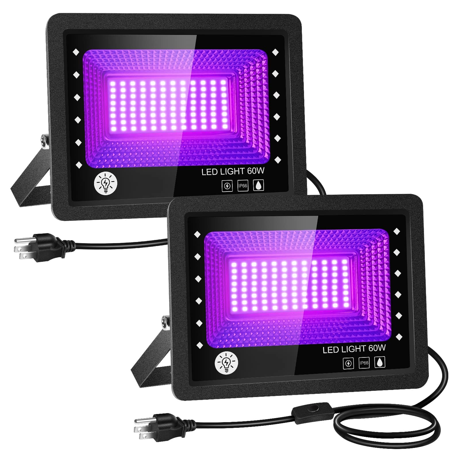 FastDeng 60W UV LED Black Lights - 2Pack Flood Light with Plug and Switch, IP66 Waterproof Blacklight for Halloween Decor, Glow in The Dark, Stage Lighting, Body Paint, Fluorescent Poster, Neon Glow