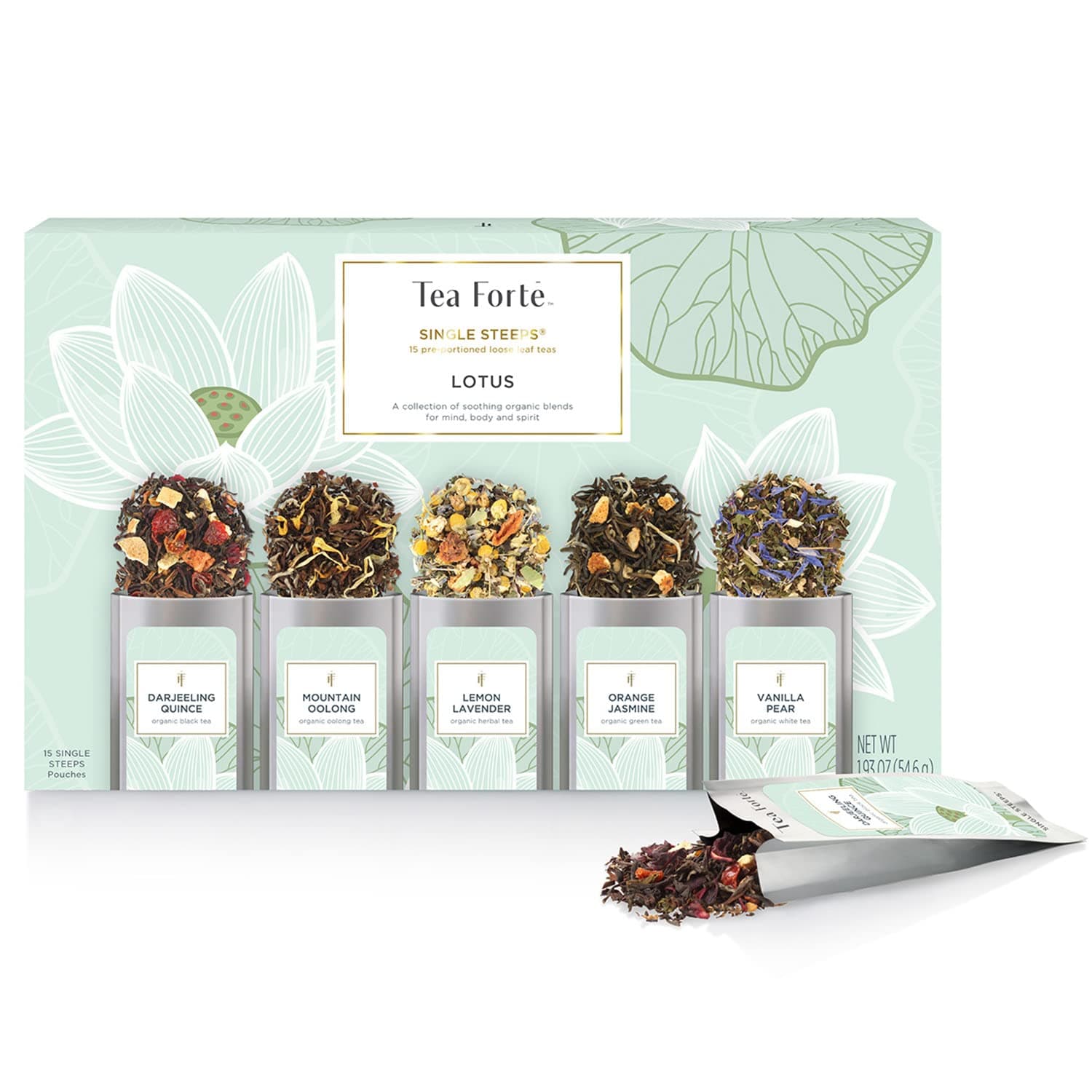 Tea Forte SINGLE STEEPS Lotus Loose Leaf Tea Sampler, Assorted Variety Tea Box, 15 Single Serve Pouches - Black Tea, Green Tea, Oolong Tea, White Tea, Herbal Tea
