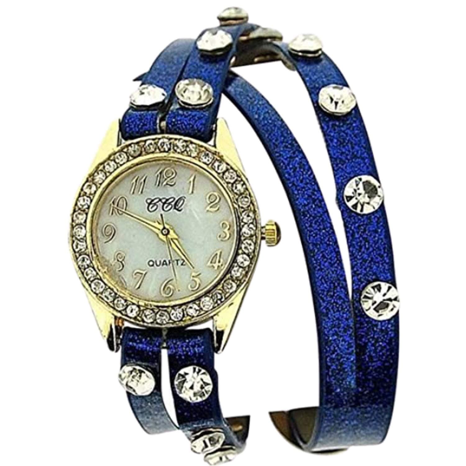 TOC Ladies Crystal Studded Extra Long Dark Blue Glitter Strap Dress Watch SW1096