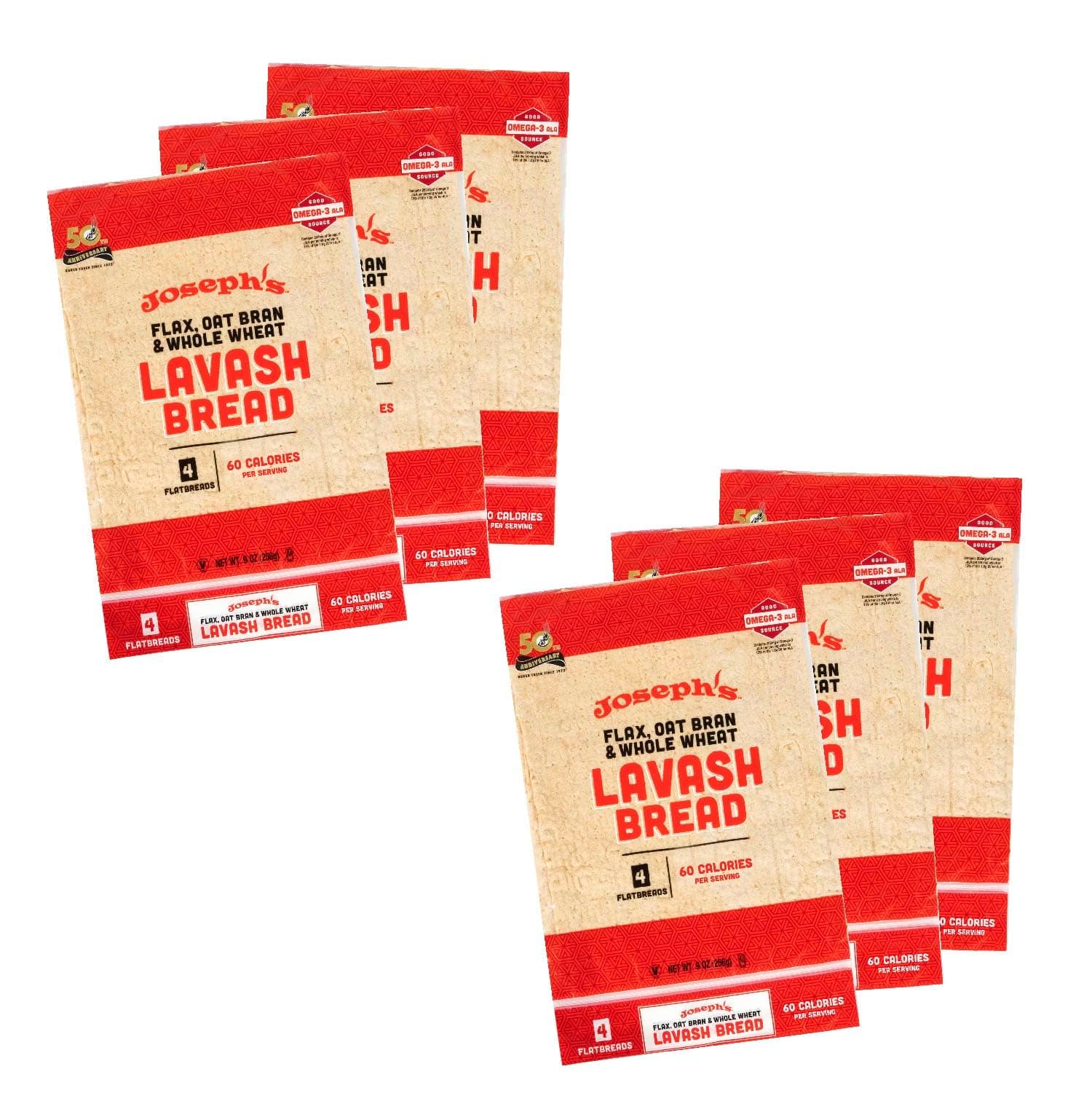 Joseph's Lavash Bread Value 6-Pack, Flax Oat Bran and Whole Wheat, Reduced Carb (4 Flatbreads per Pack, 24 Total)