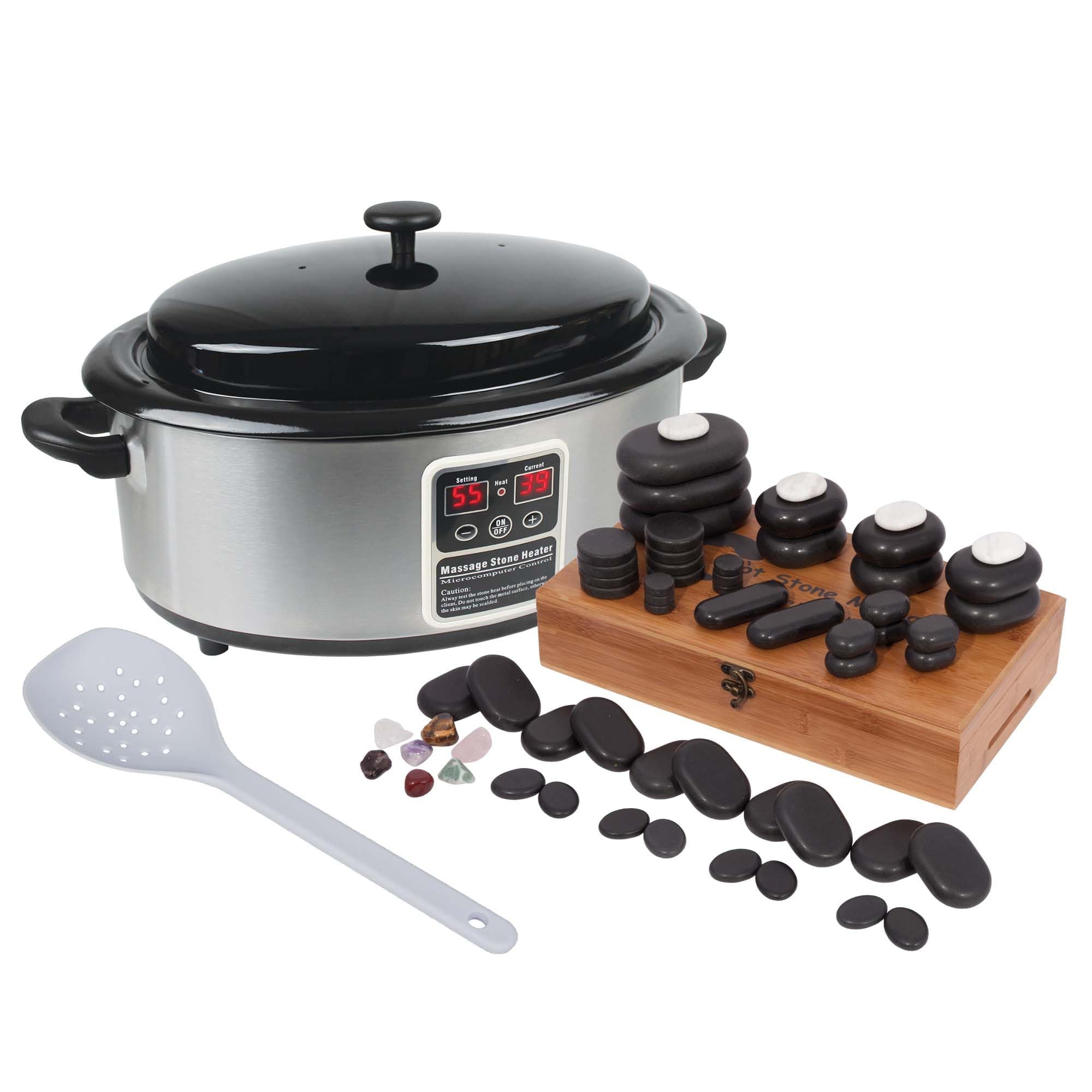 Hot Stone Massage Kit with a 6 Quart Digital Stone Heater (Box of 60 Volcanic Basalt Stones) For Home or Professional Use, Spa, Massage Therapy, Sports Massage and Relaxation With Large Spoon
