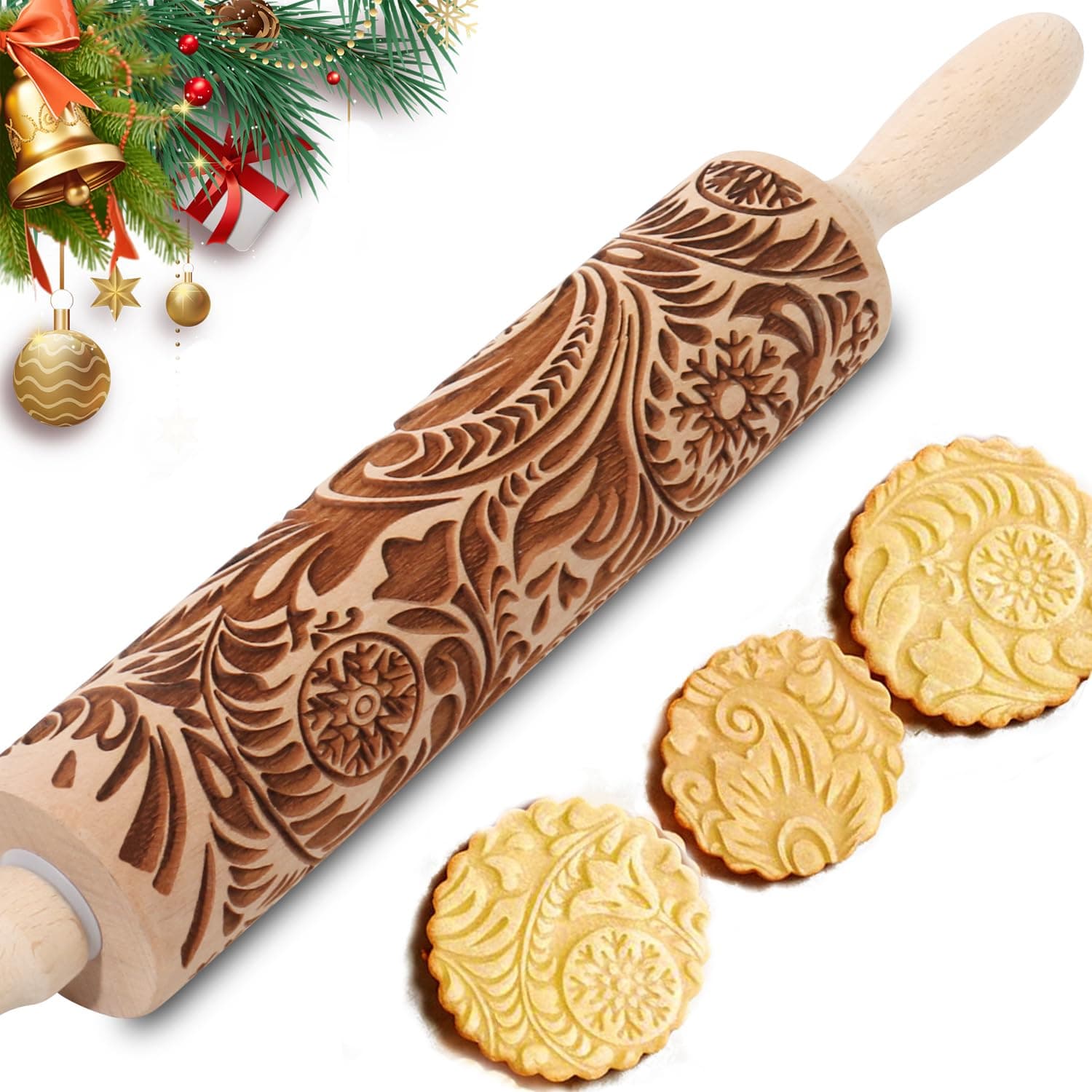Embossed Rolling Pin for Baking Cookies Christmas Embossing Rolling Pins with Design Wooden Engraved Springerle Roller Pin Dough Patterned Clay Pottery Ceramic Bakers Women (Flower Snowflake Paisley)