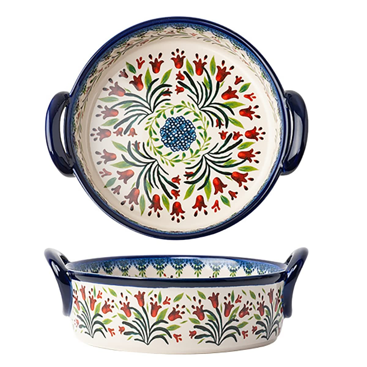 Vintage Style Tulip Flower Pattern Ceramic Bakeware Casserole Dish Baking Pan Lasagna Pans Baking Dish with Handles for Oven/Cooking/Kitchen-1 PCS-32 OZ