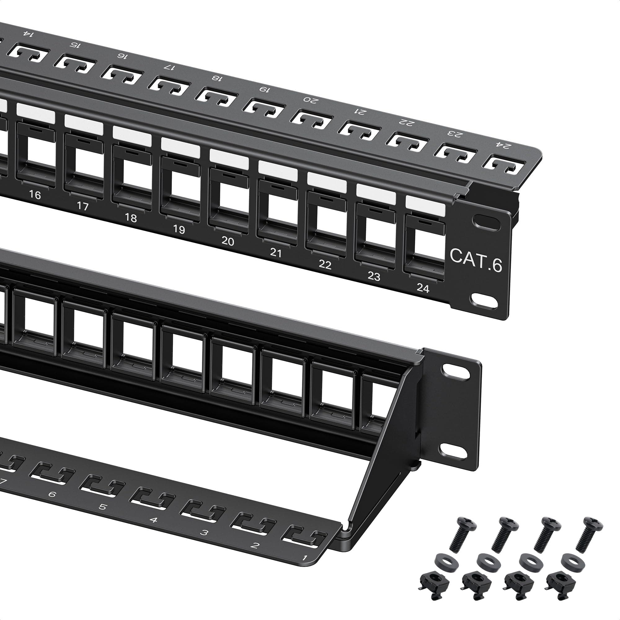 Rackmount or Wall Mount 1U 24 Port Keystone Patch Panel with Cable Management and Support Bar, 19-inch Blank Patch Panel for Keystone Jacks