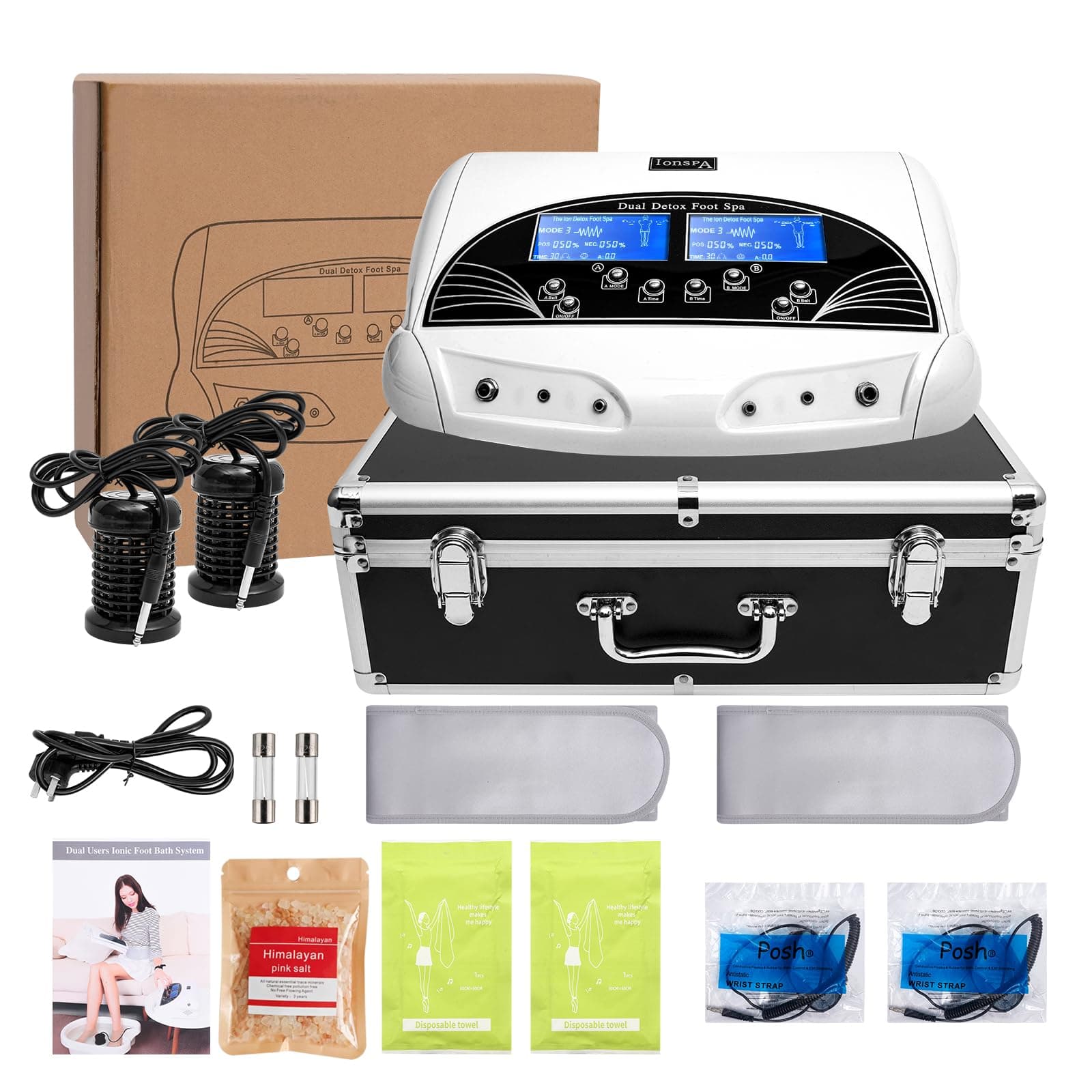 Dual Ionic Detox Foot Bath Machine Birthday Gift Digital LCD Display Spa Chi Cleanse Cell Detoxification Negative Hydrogen System with Black Aluminum Box, Two Arrays