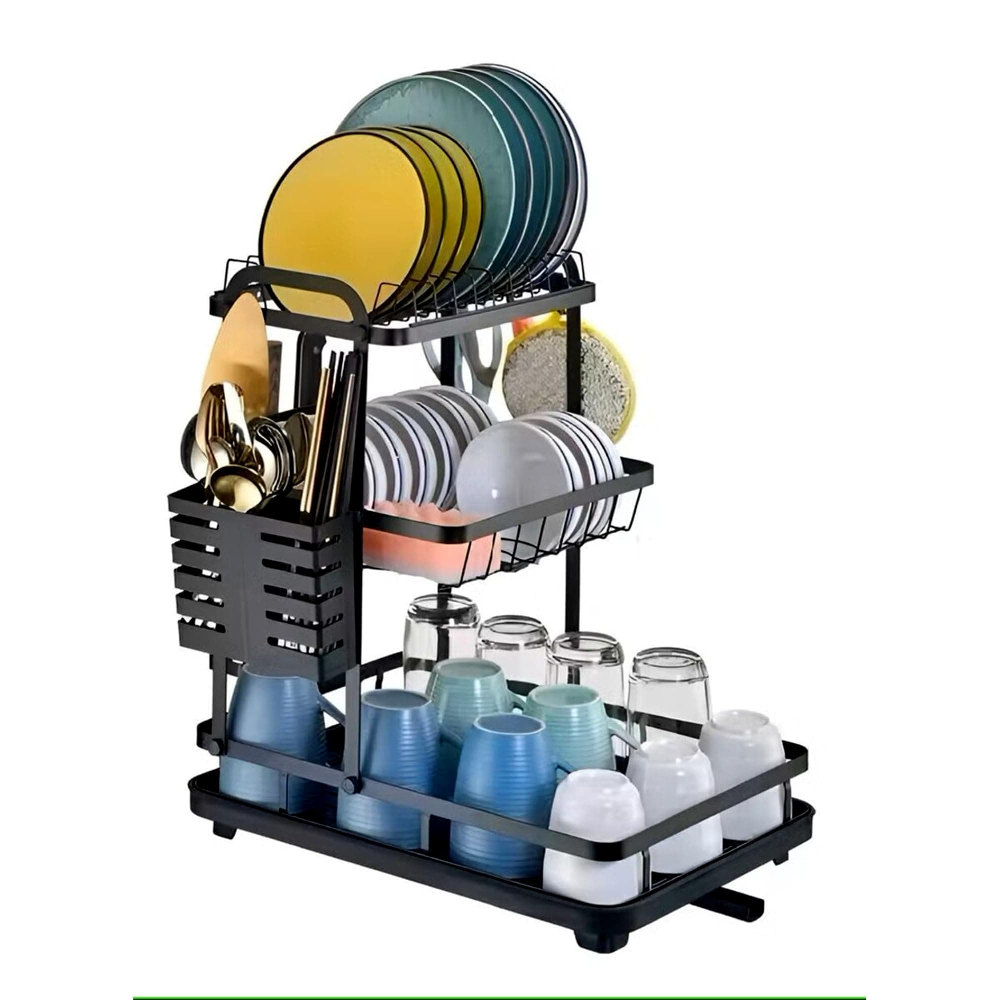 2 Tier Dish Drying Rack, Dish Rack with Utensil Holder and Water Tray Dish Drainer for Kitchen Holder, Large Rust-Proof Storage Organizer with Adjustable Water Outlet for Kitchen Counter