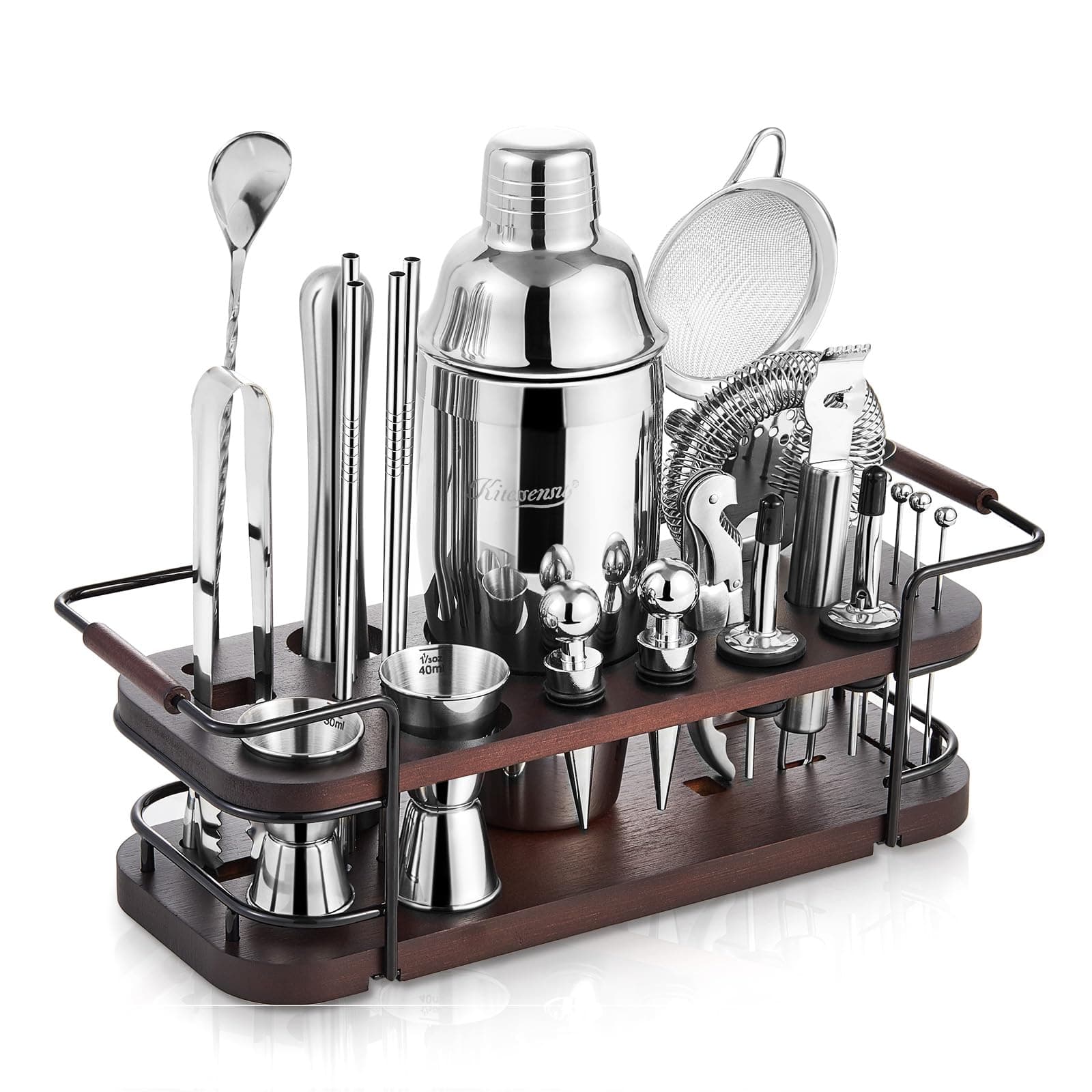 KITESSENSU Cocktail Shaker Set Bartender Kit with Stand | Complete 24-Piece Bar Set Cocktail Kit with All Bar Accessories: Martini Shaker, Jigger, Muddler | Drink Mixer Set for Home Bar Cocktails