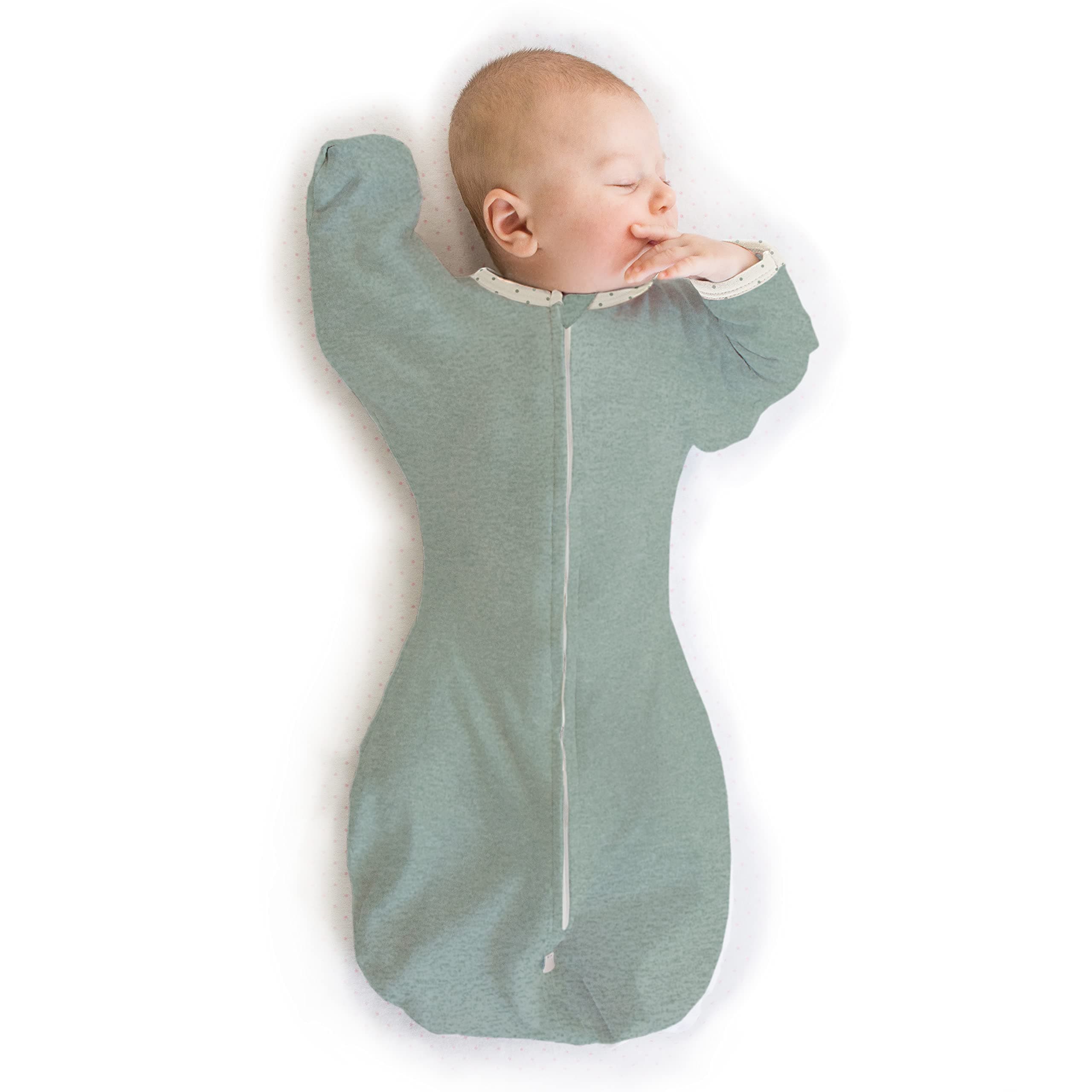 Transitional Swaddle Sack with Arms Up Half-Length Sleeves and Mitten Cuffs, Heathered Jadeite with Polka Dot Trim, Medium, 3-6 Mo, 14-21 lbs (Better Sleep, Easy Swaddle Transition)