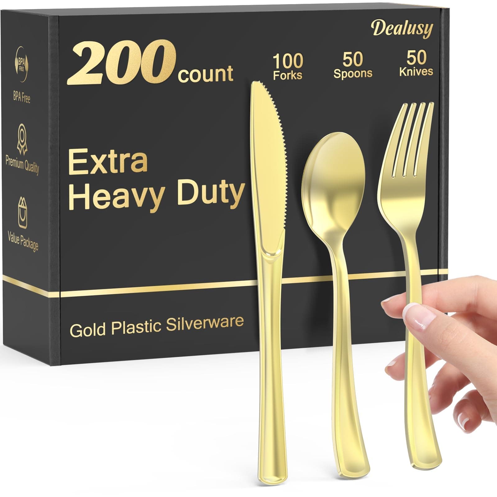 200 Count Heavy Duty Gold Plastic Silverware, 100 Forks, 50 Spoons, 50 Knives, BPA-Free, Heat Resistant, Disposable Gold Plastic Utensils Set, Gold Plastic Cutlery Set, Plasticware Bulk for Party