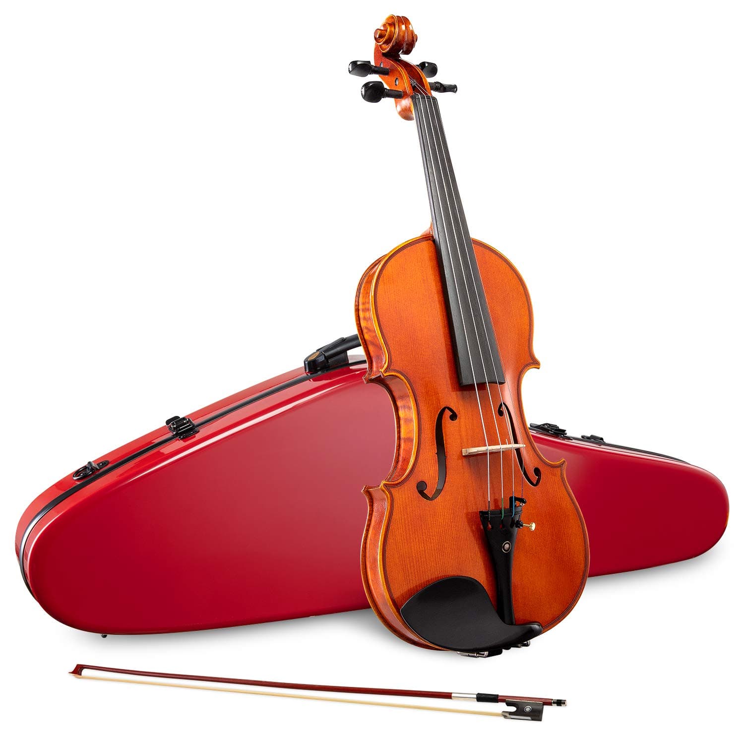 LyxJam Premium Full Size Violin Set – 4/4 Maple/Spruce Violin Kit for Beginner & Intermediate Players, Rosin, Red Hard Carry Case w/Hygrometer & Strap